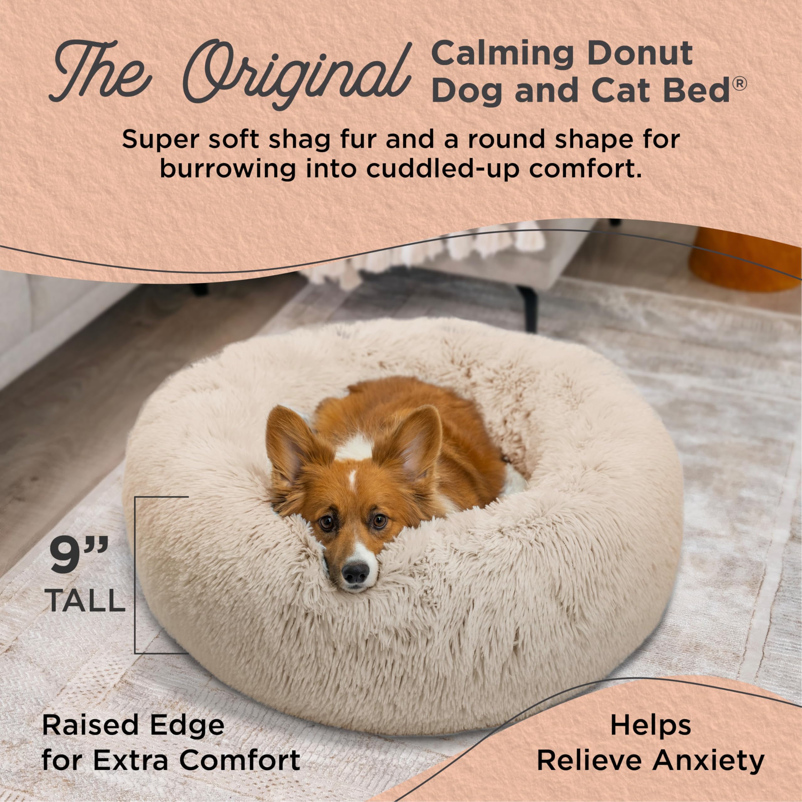 Best Friends By Sheri The Original Calming Donut Cat And Dog Bed In Shag Fur Taupe, Medium 30''