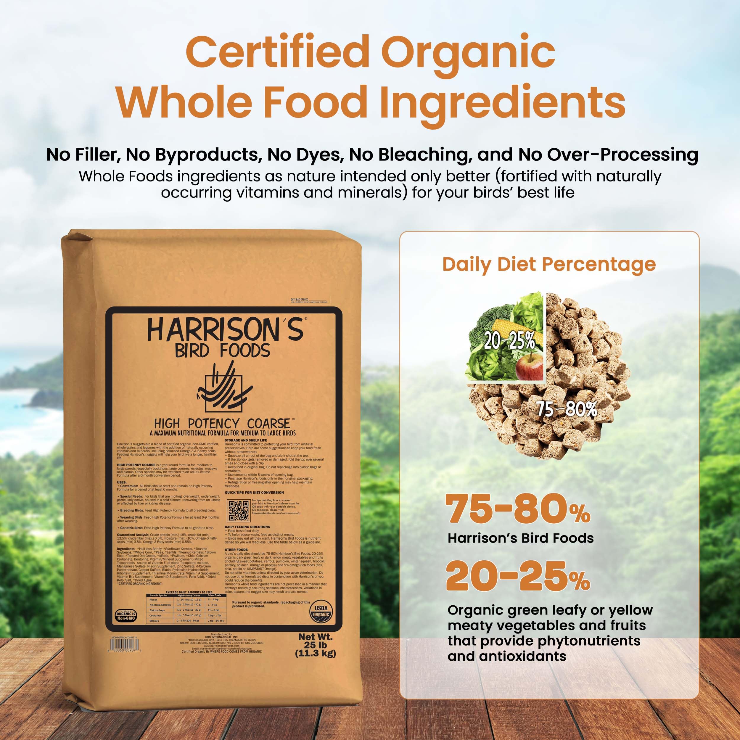 Harrisons Bird Foods High Potency Coarse Certified Organic Non GMO Formula Pet Bird Food 25lb