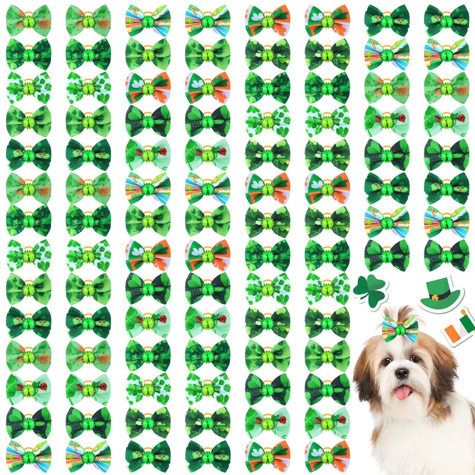 Tondiamo 100 Pack St. Patrick'S Day Dog Hair Bows With Rubber Bands St. Patrick'S Day Puppy Bows Rhinestone Pet Hair Accessories