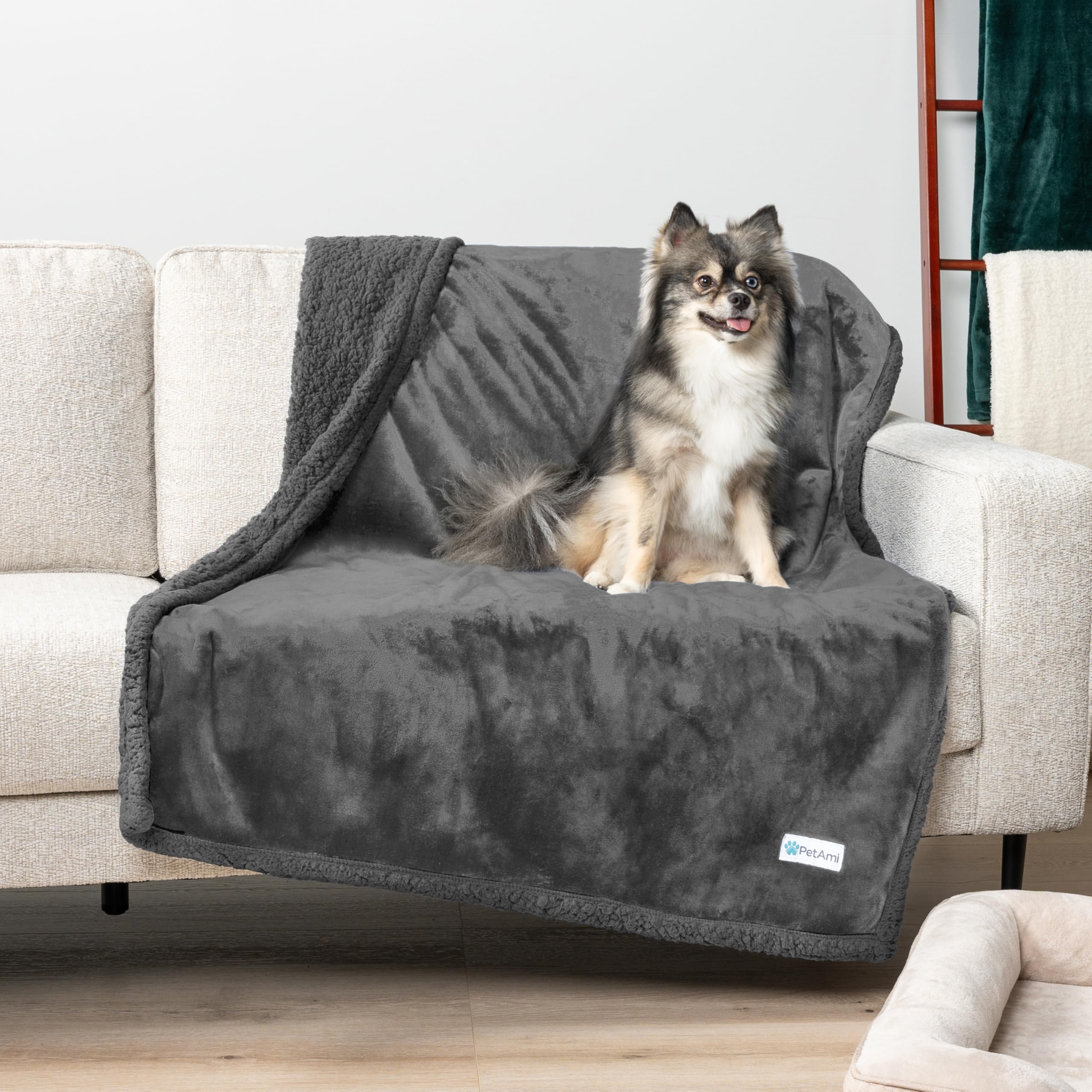 Petami Waterproof Dog Blanket For Medium Large Dog, Pet Puppy Blanket Couch Cover Protection, Sherpa Fleece Cat Blanket, Sofa Bed Furniture Protector Reversible Soft Plush Washable, 60X40 Gray Gray
