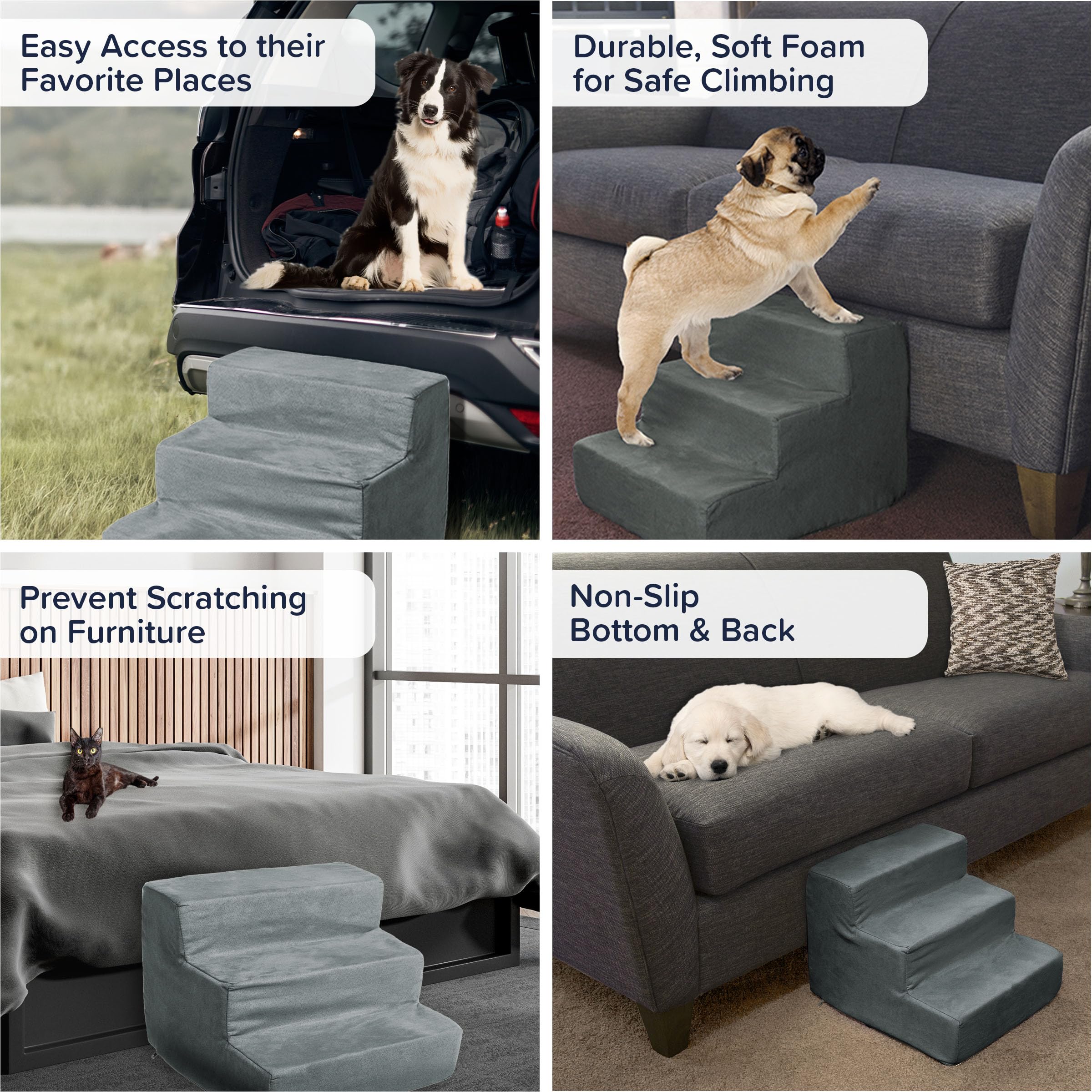 Pet Stairs Collection- Foam Pet Steps For Small Dogs Or Cats, 3 Step Design, Removable Cover - Non-Slip Dog Stairs For Home And