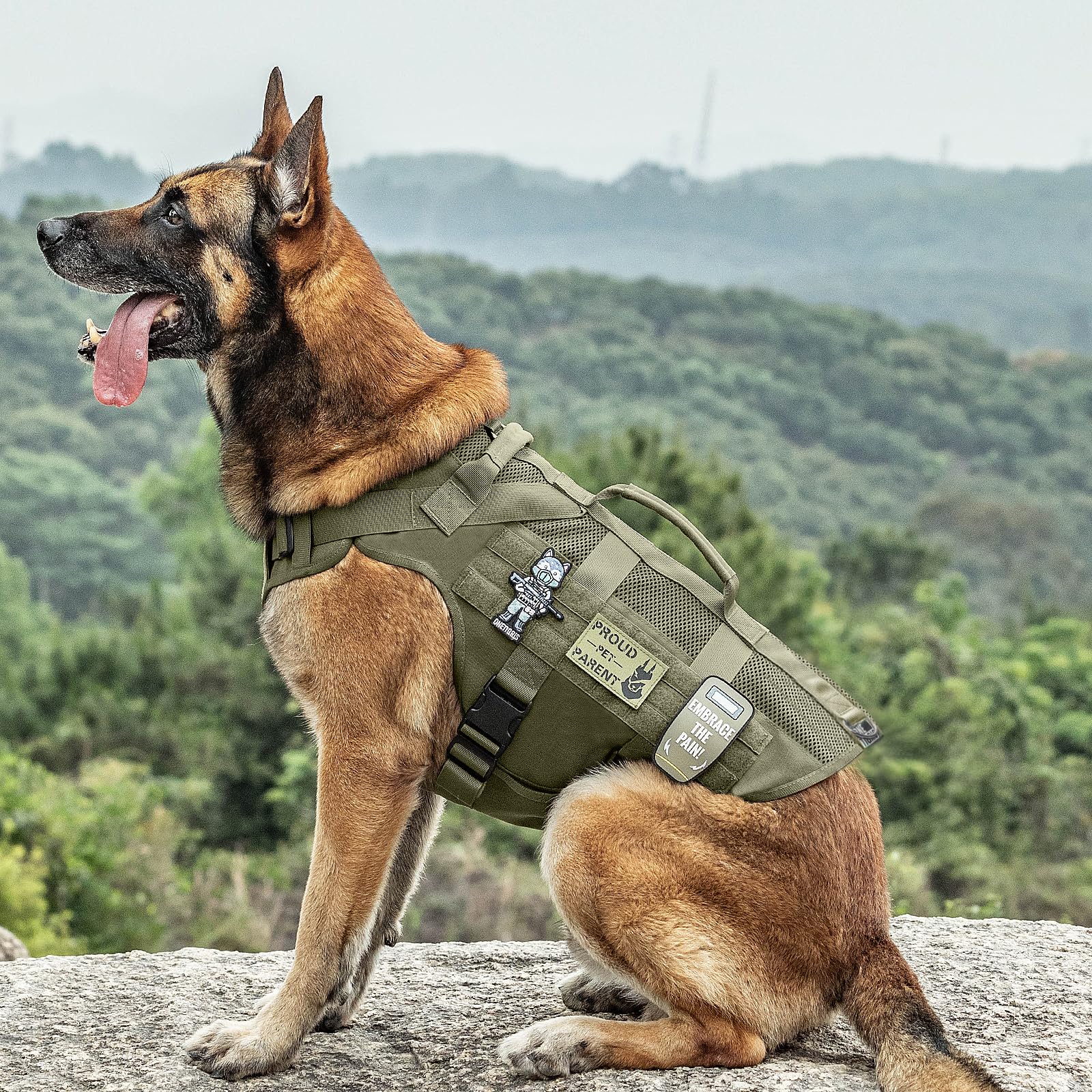 Onetigris No Pull Tactical Dog Harness For Medium Dog, Aire Mesh Service Dog Harness Breathable Military Dog Molle Vests With Handles, Service Dog Vest Harness For Walking Hiking Training Green
