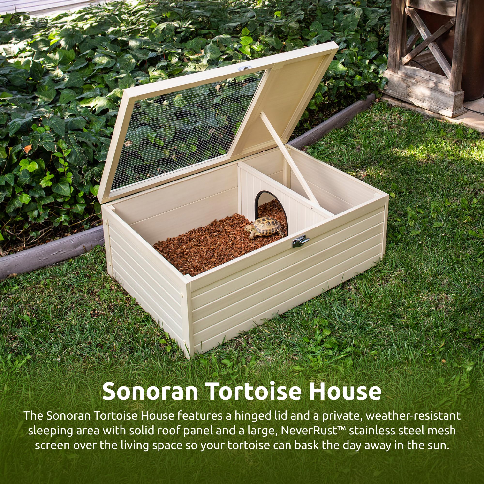 New Age Pet Ecoflex Sonoran Tortoise House - Durable, Non-Toxic Wood Plastic Composite Habitat With Neverust Stainless Steel Mes