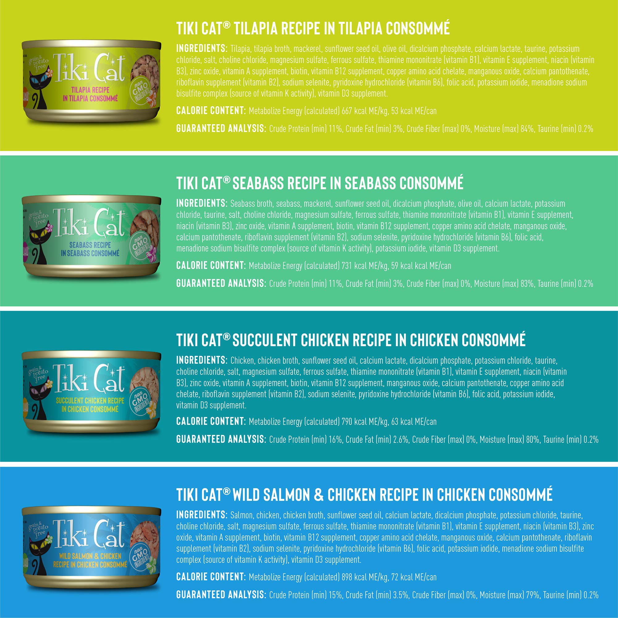 Tiki Pets Cat Luau Variety Pack Grain Free Canned Wet Cat Food, 2.8 oz Cans, Case of 12, 11201