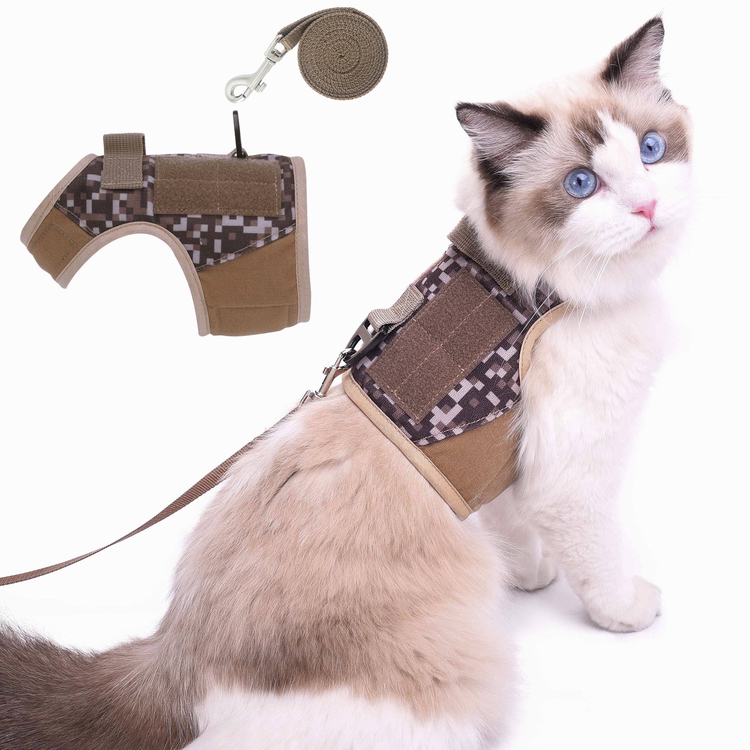 Tactical Cat Harness And Leash For Walking Escape Proof, Desert Camo, Large, Adjustable Cat Walking Jackets, Padded Stylish Cat 