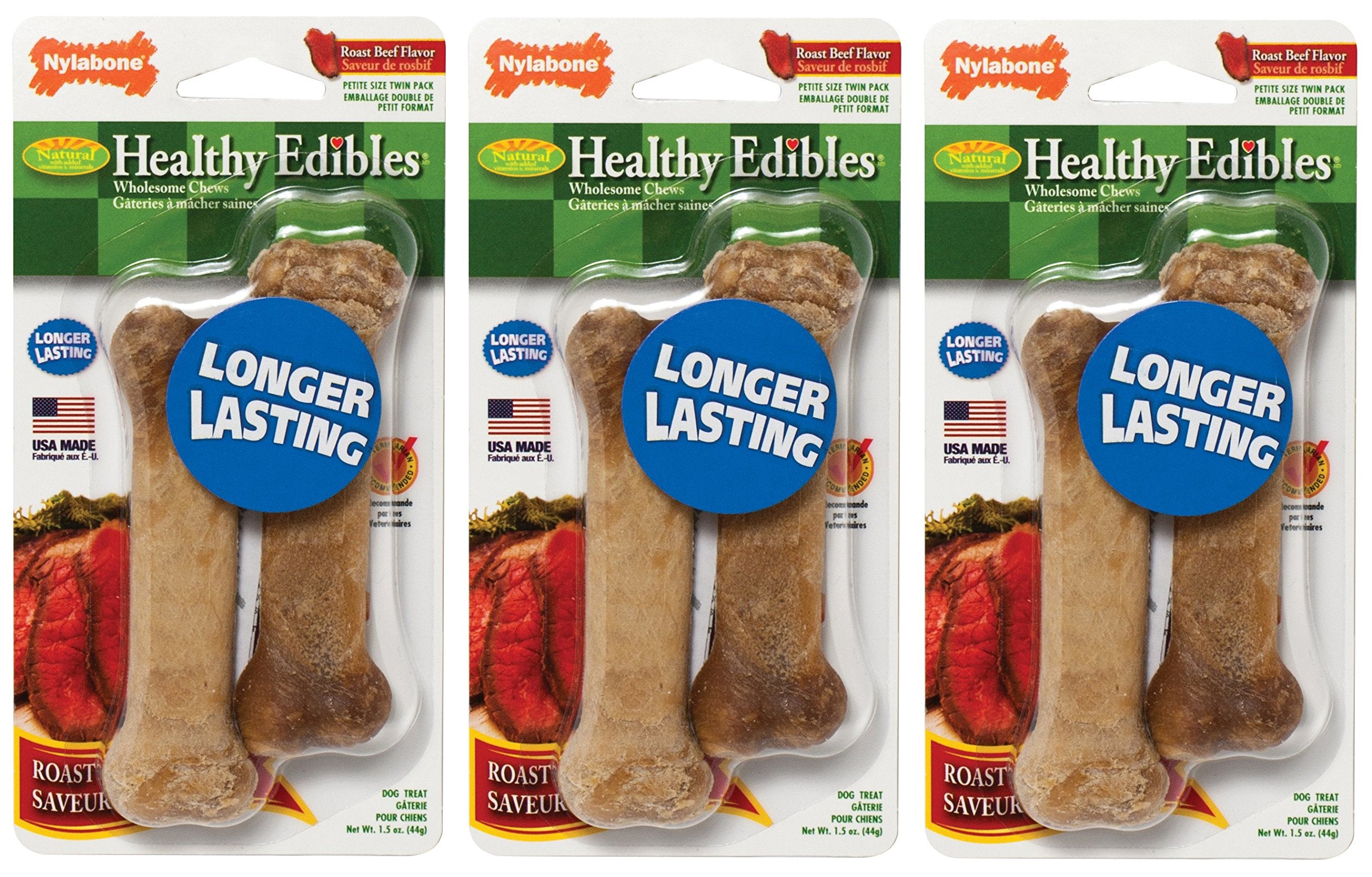 Nylabone (3 Pack) Healthy Edibles Dog Chew Treat Bones for X-Small/Petite Size (Roast Beef)