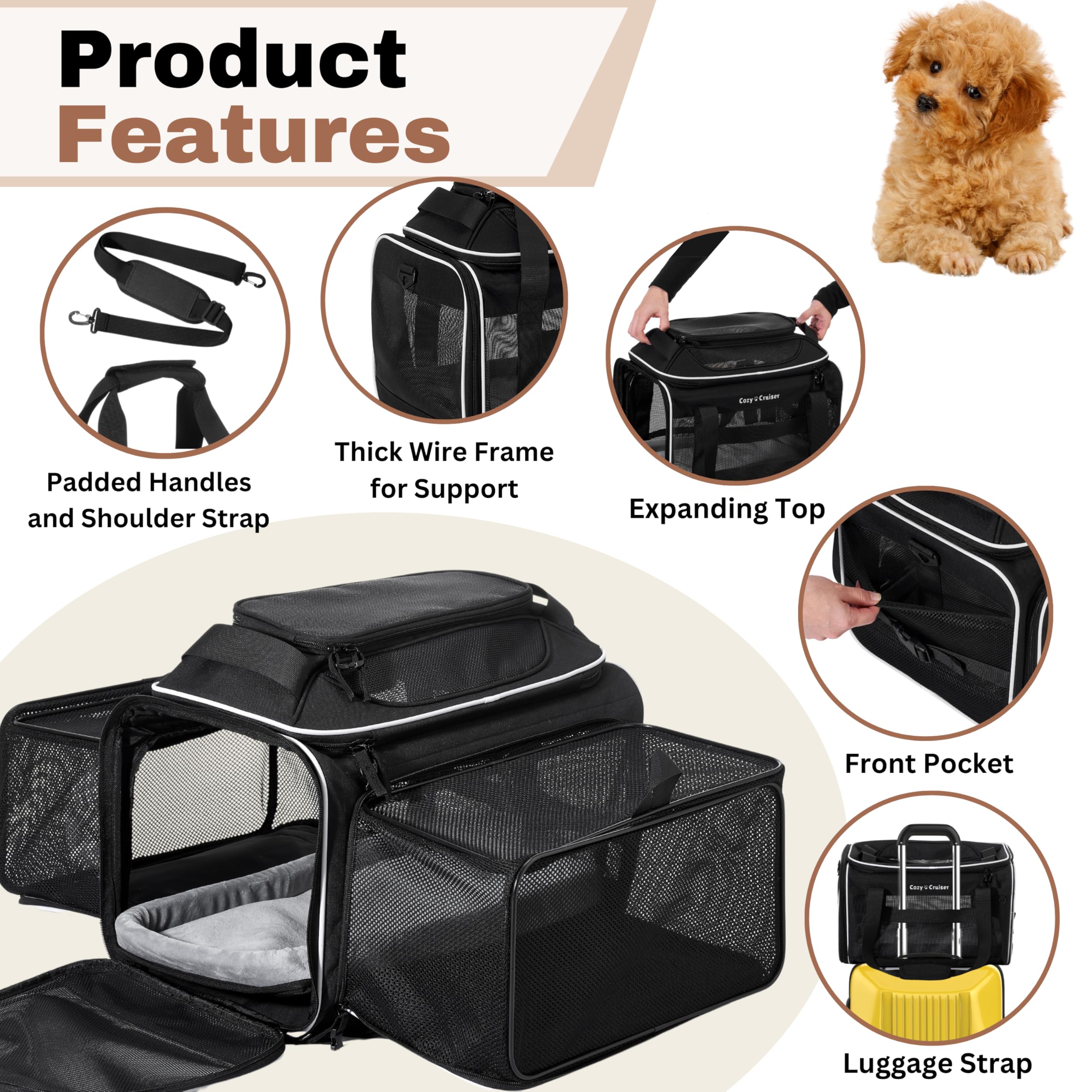 Cozy Cruiser Airline Approved Top-Expanding Pet Carrier on Wheels- Extra Spacious Soft Lined Carrier! 18x11x11 (Expandable Sides