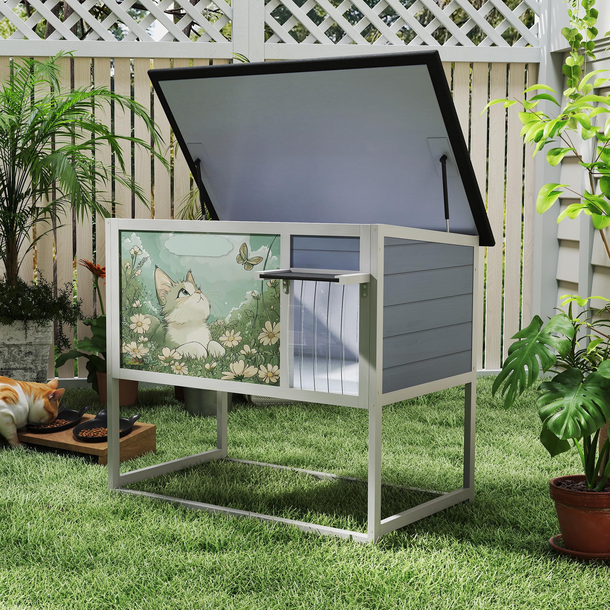 Outdoor Cat House Raised Wood Cat Enclosure With Openable Roof, Curtained Door, Escape Door, Weatherproof Pet Condo For Feral Ca