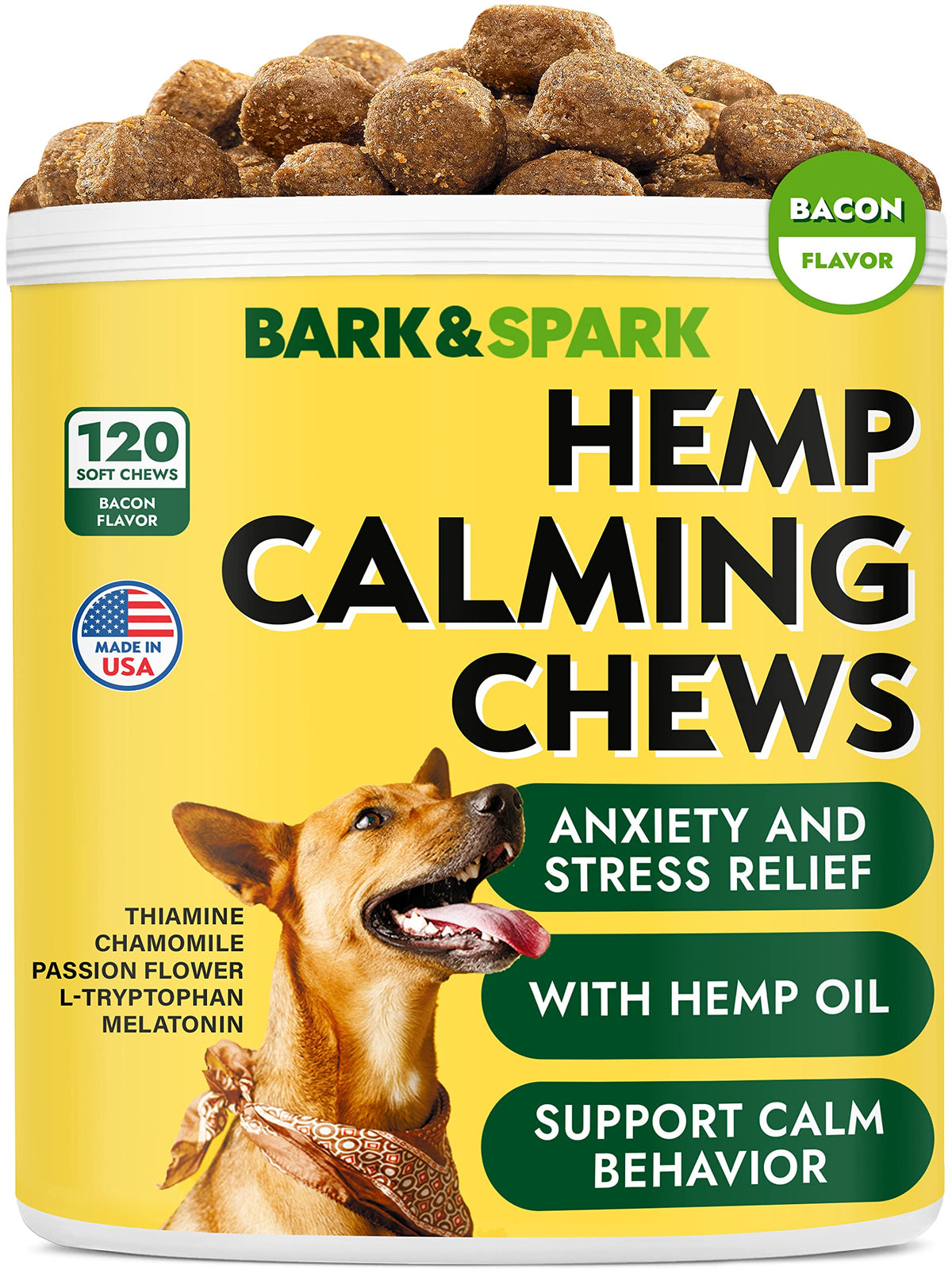 Calming Hemp Treats For Dogs - Made In Usa With Hemp Oil - Anxiety Relief - Separation Aid - Stress Relief During Fireworks, Storms, Thunder - Aggressive Behavior, Barking - 120 Soft Chews