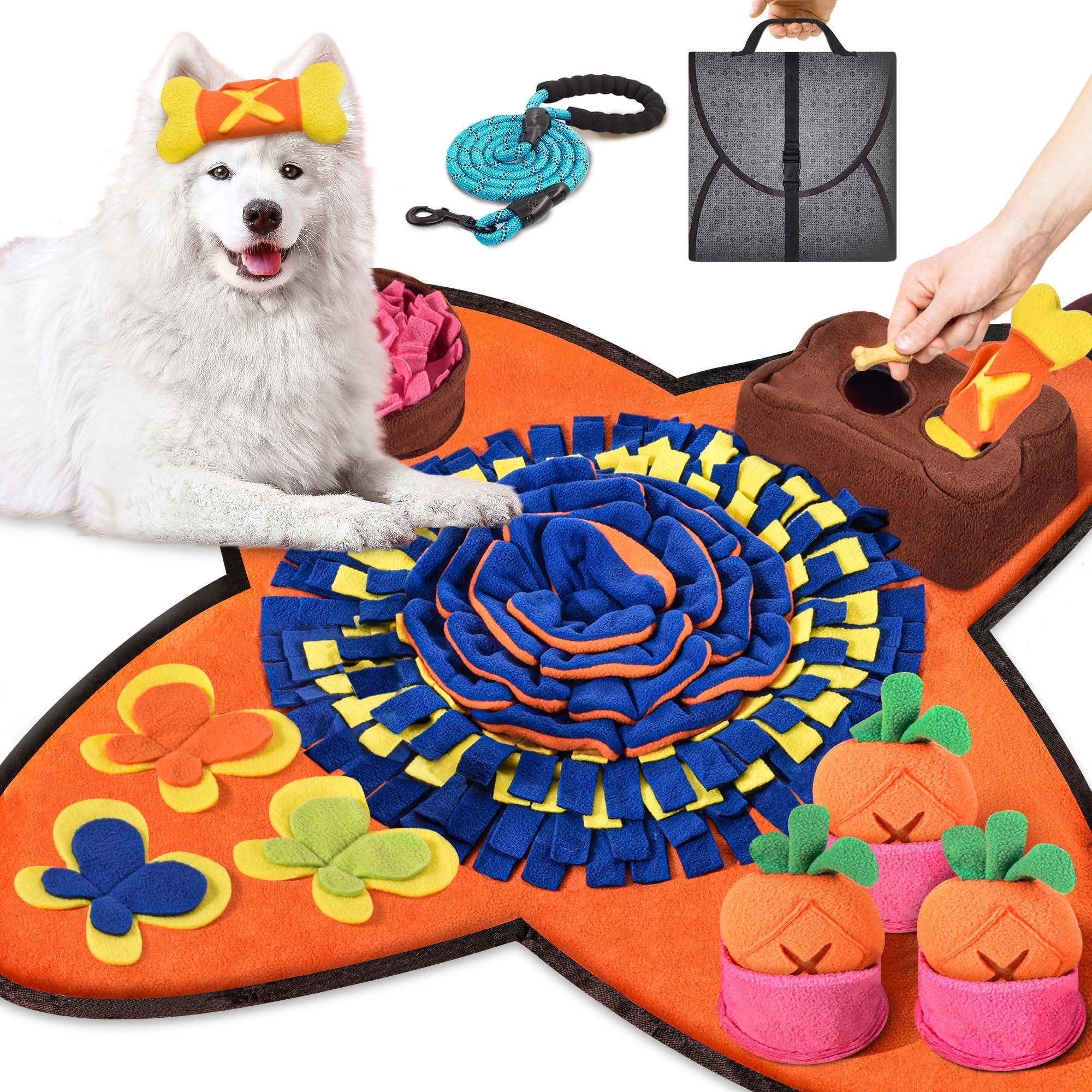 Snuffle Mat for Dogs 32X20 for Large Dogs with Dog Leash, Nosework Interactive Sniffing Mat for Cats Rabbits, Slow Feeding M