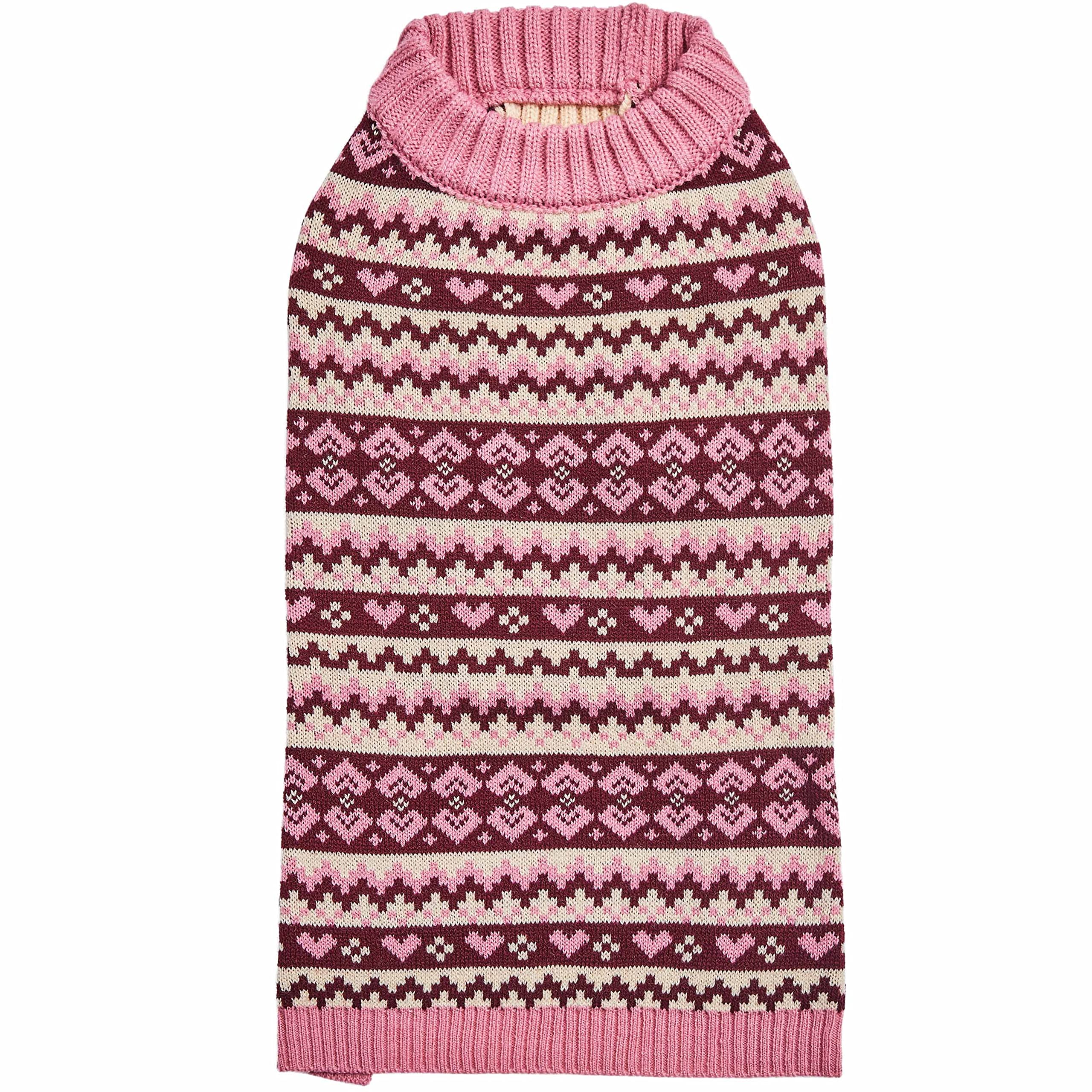 Blueberry Pet Heart Designer Everyday Turtleneck Fair Isle Fall Winter Pullover Dog Sweater In Pink, Back Length 20', Warm Clothes For Large Dogs