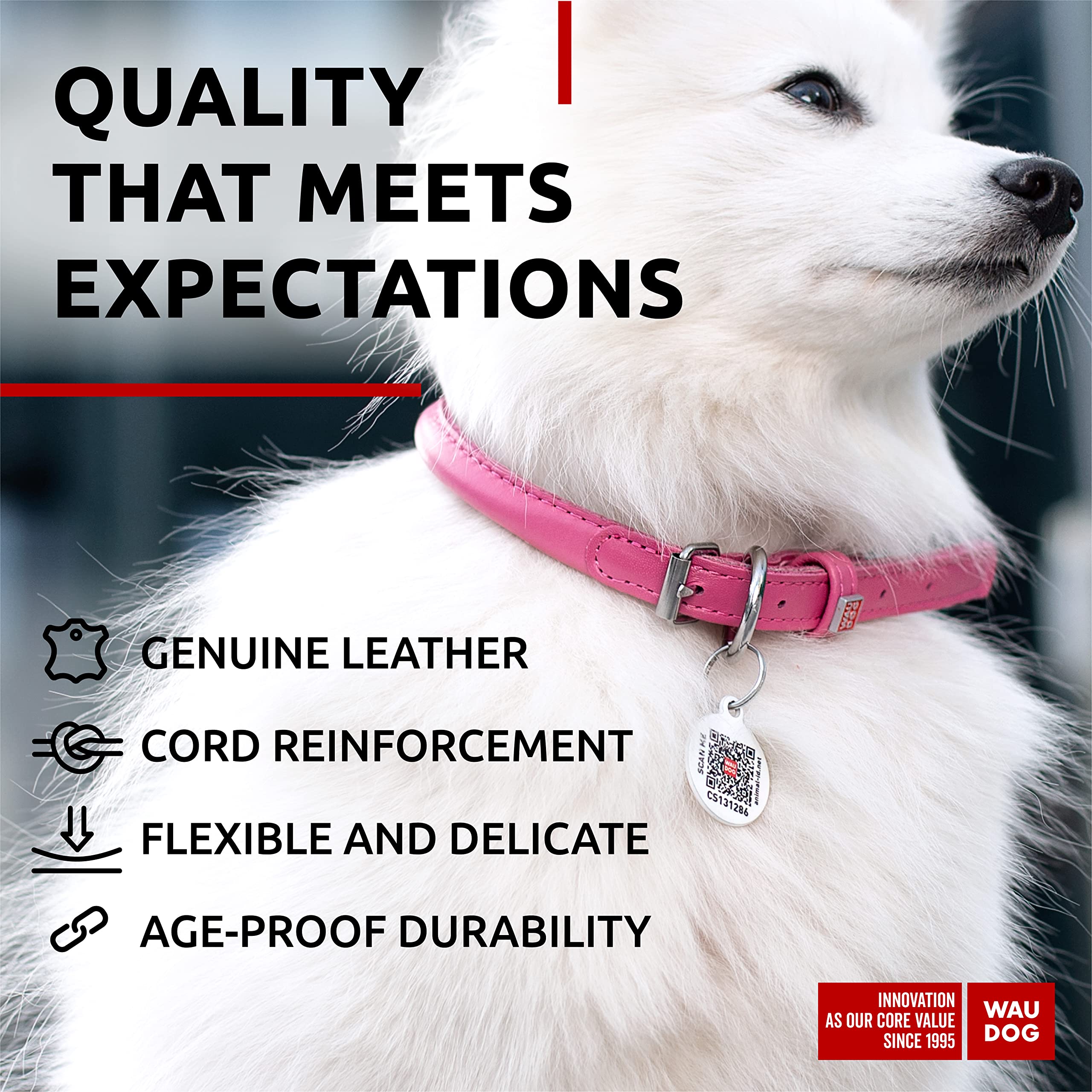 Waudog Leather Dog Collar, Soft Padded, Adjustable, For Small, Medium & Large Dogs, Ideal For Outdoor Use, Great Gift, Pink