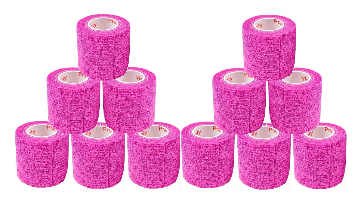 2 Inch Vet Wrap Tape Bulk (Fuchsia) (Pack Of 12) Self Adhesive Adherent Adhering Flex Bandage Grip Roll For Dog Cat Pet Horse