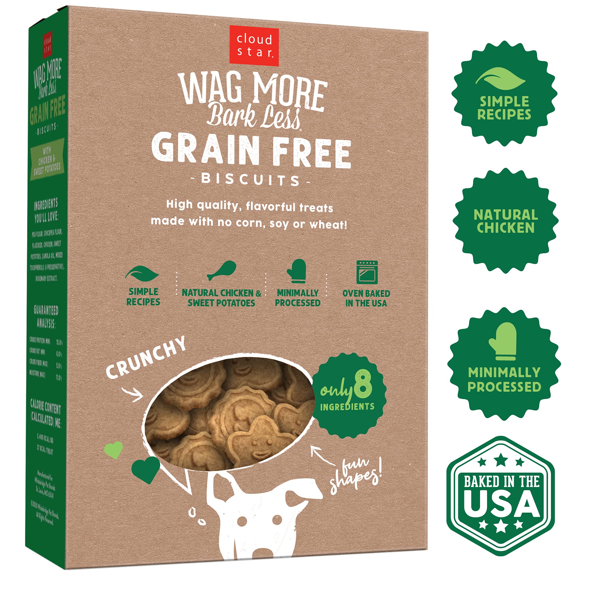 Cloud Star Wag More Bark Less - Dog Treats - Crunchy Biscuits - Grain Free Chicken & Sweet Potato - 14 oz Box