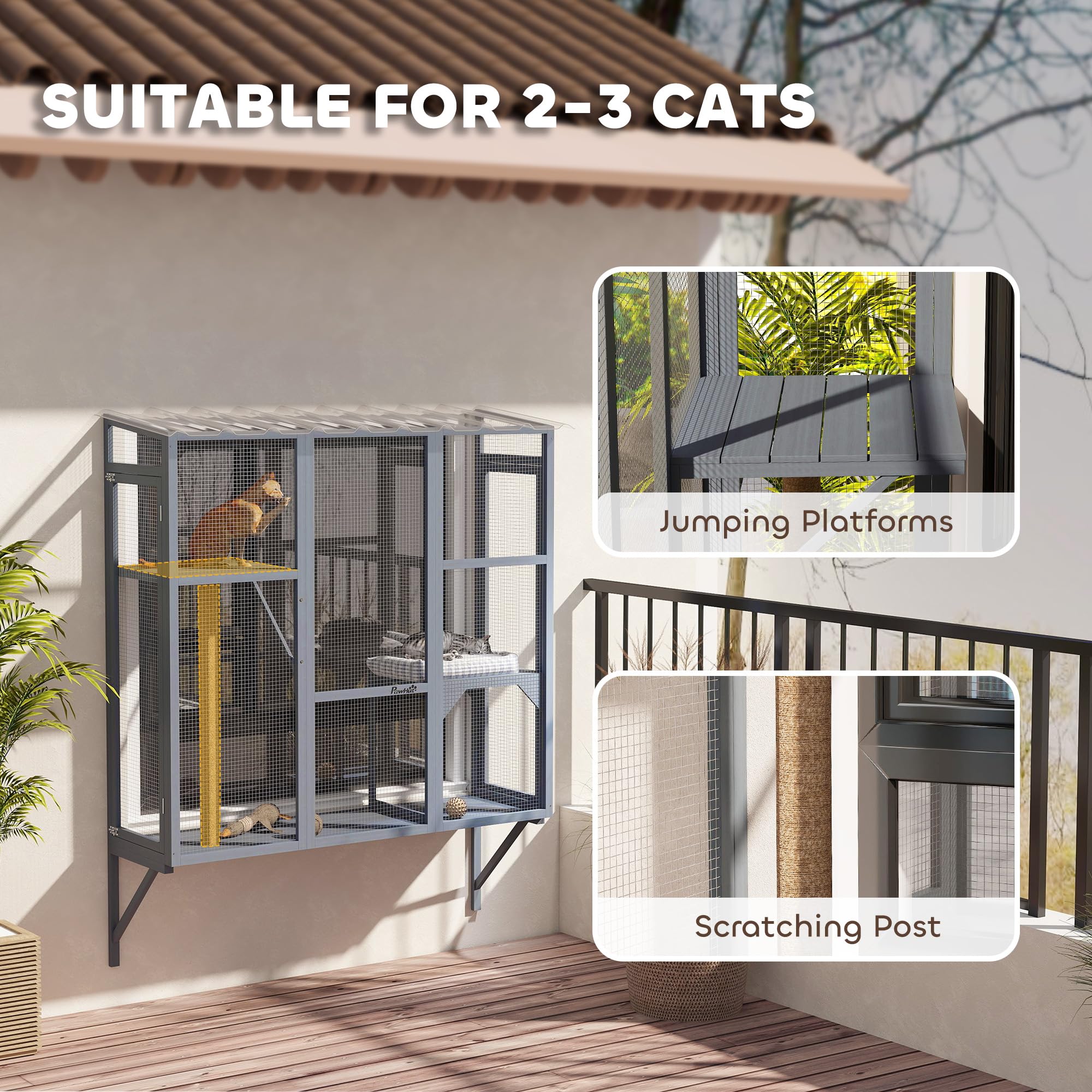 Pawhut Outdoor Catio, Cat Window Catio Box Enclosure For 2-3 Large Indoor Cats With 2 Jumping Platforms, Scratching Post, For Pl