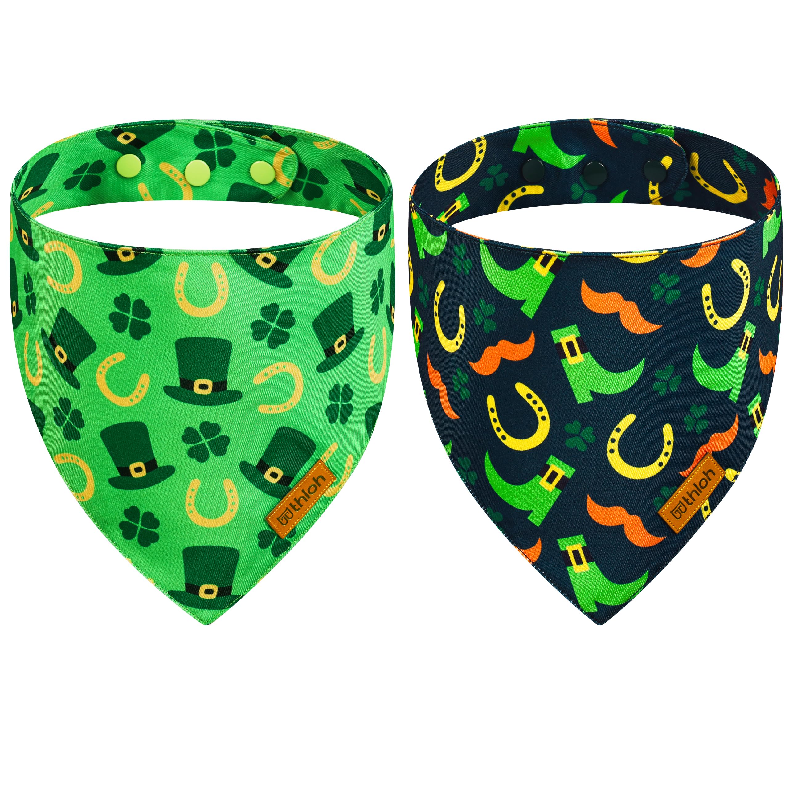Thloh St. Patrick'S Day Dog Bandanas With Snap Button, 2 Pack Reversible Shamrock Dog Scarf For Boy & Girl, Premium Durable Fabr