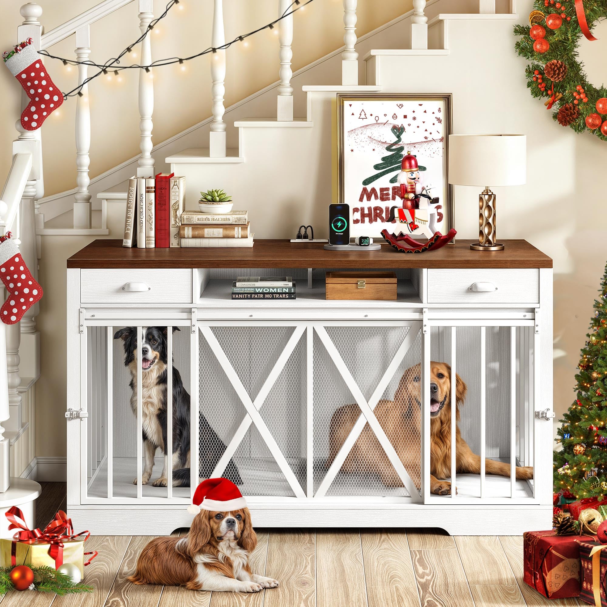 DWVO 63 Inch Double Dog Crate Furniture for 2 Dogs, Heavy Duty Wooden Dog Crate TV Stand with Charging Station, Dog Kennel Indoo