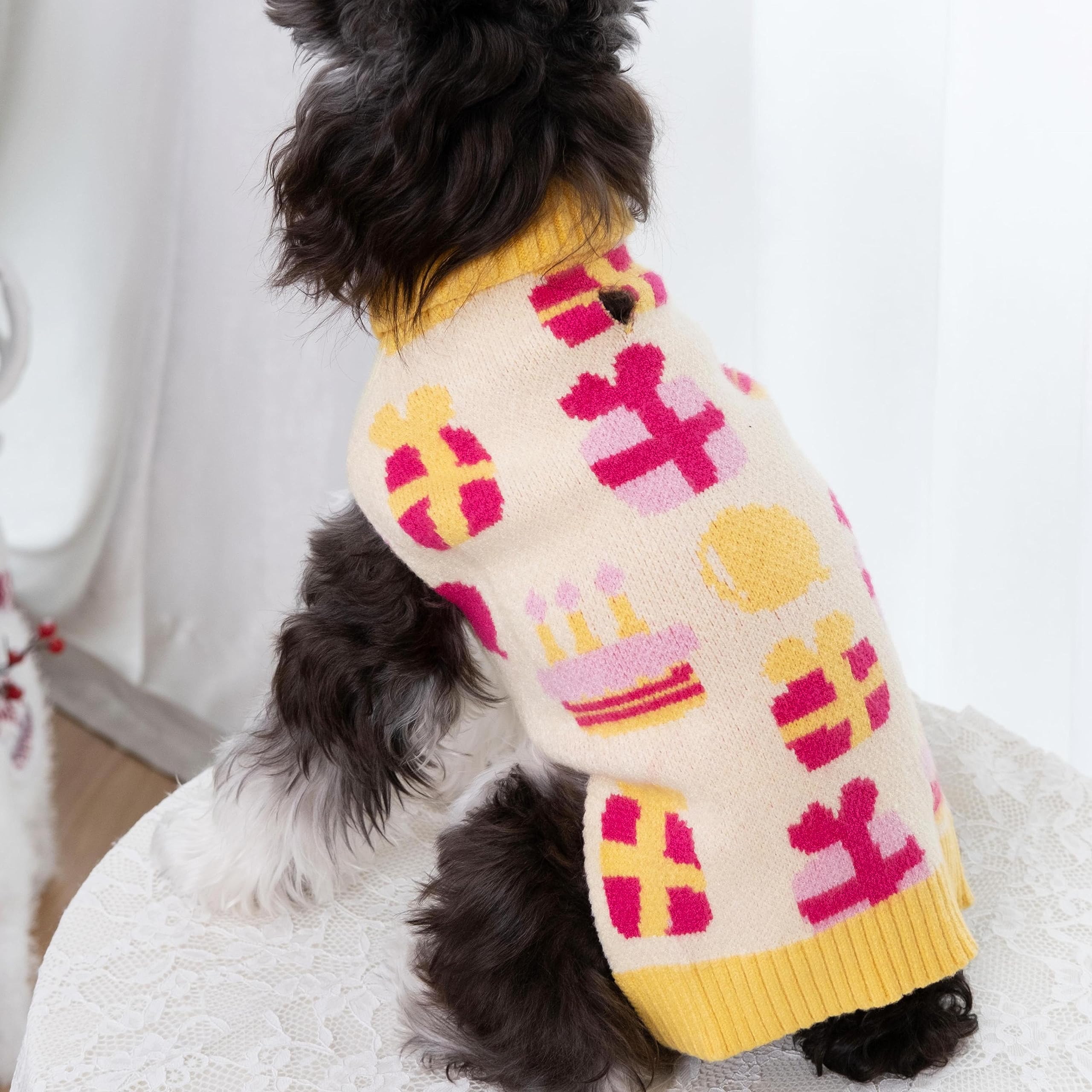 Cutebone Birthday Dog Sweater For Small Dogs Gift Knit Yellow Turtleneck Pet Winter Clothes Cat Apparel With Harness Hole