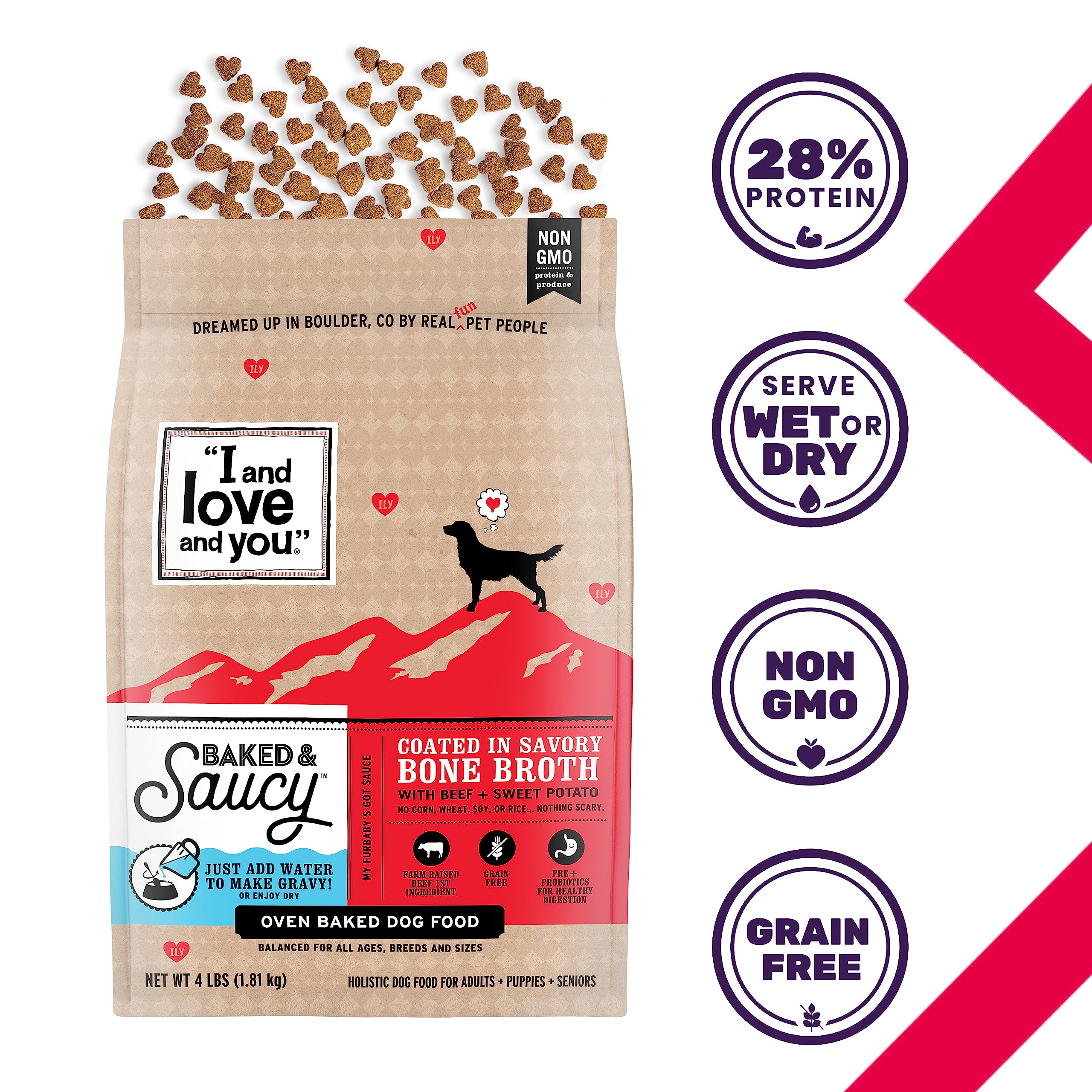 I AND LOVE AND YOU Baked and Saucy Dry Dog Food - Beef + Sweet Potato - Prebiotic + Probiotic, Real Meat, Grain Free, No Fillers
