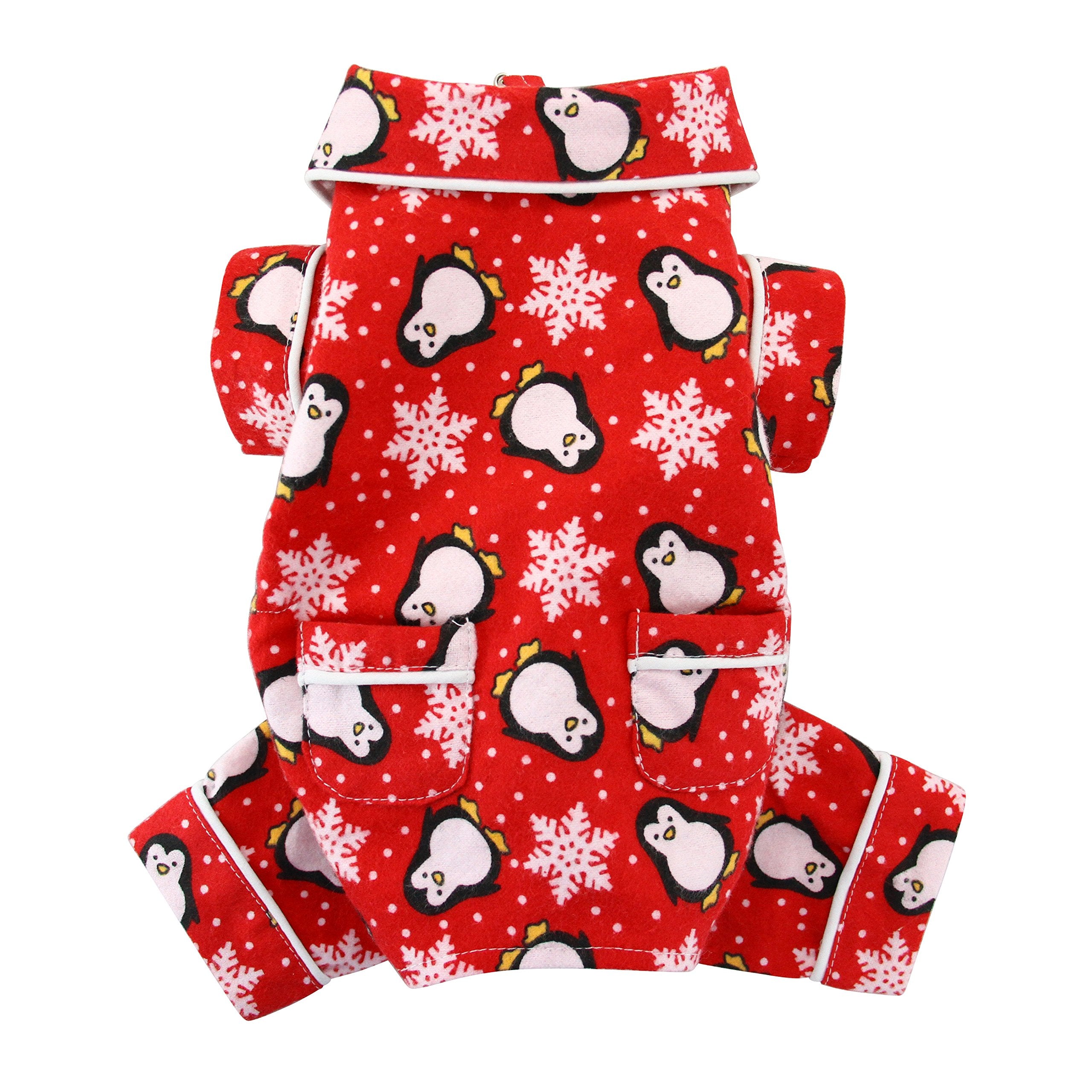 Klippo Penguins & Snowflake Flannel Dog Pajamas/Bodysuit/Loungewear - Red - Large
