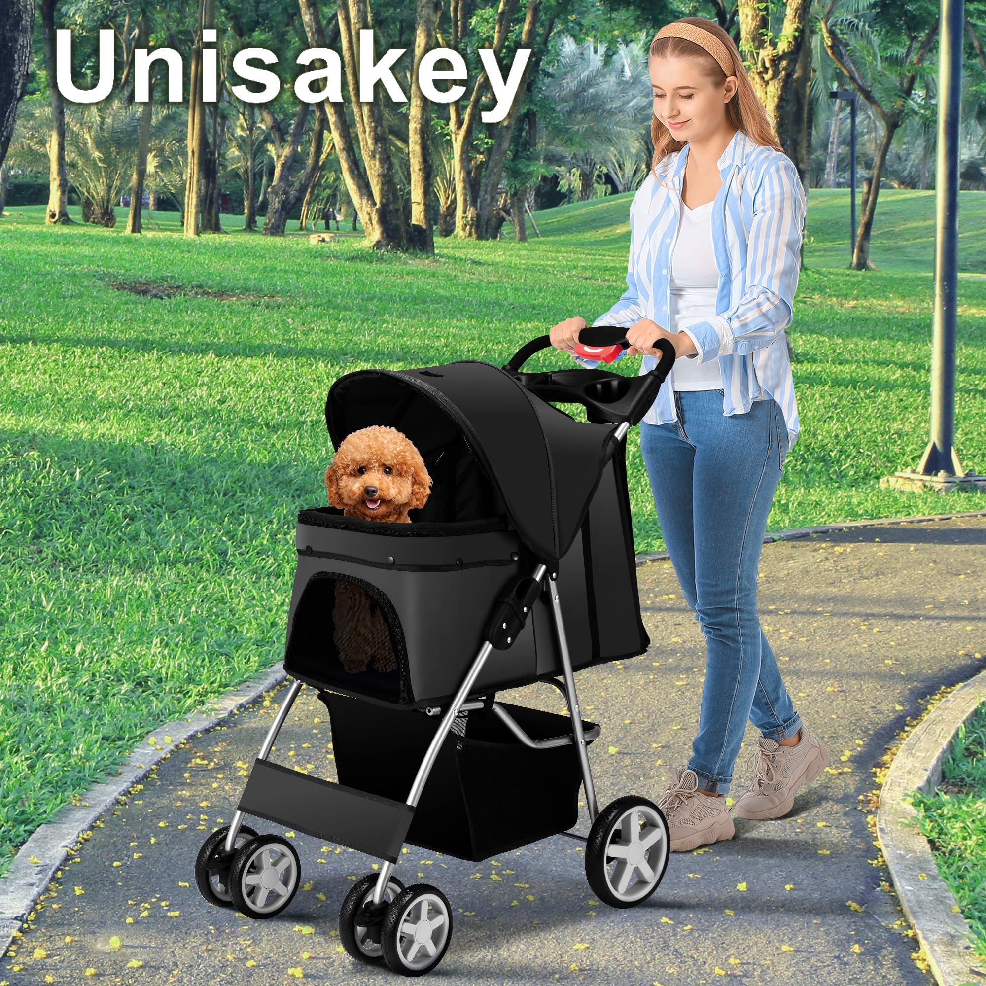 Unisakey 4 Wheels Pet Stroller For Small Medium Dogs Cats 10-33 Lbs, Foldable Dog And Cat Stroller With Cup Holder & Storage Bas