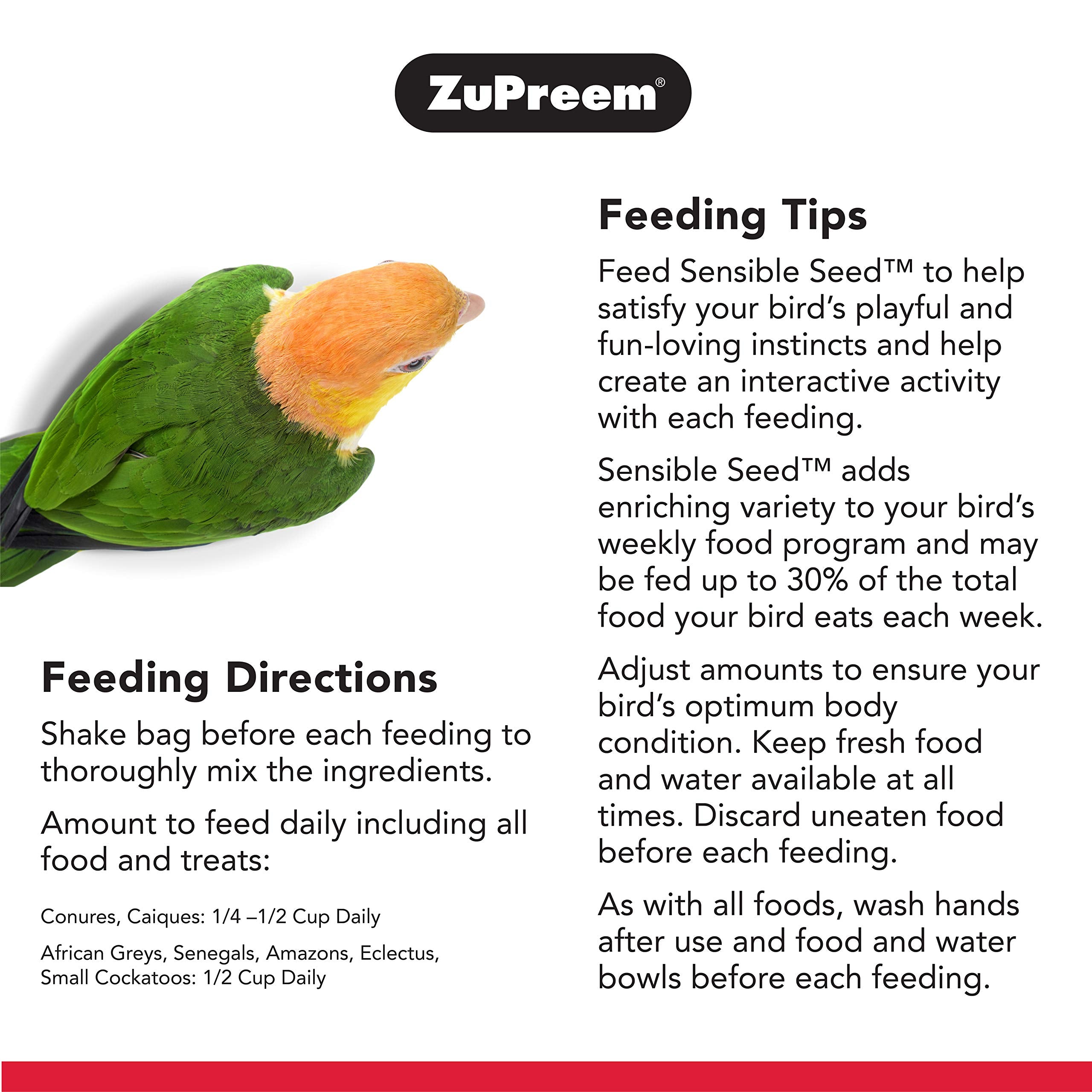 ZuPreem Sensible Seed Bird Food for Parrots and Conures, 2 lb bag (2-pack) - Premium Blend of Seeds and FruitBlend Pellets for C