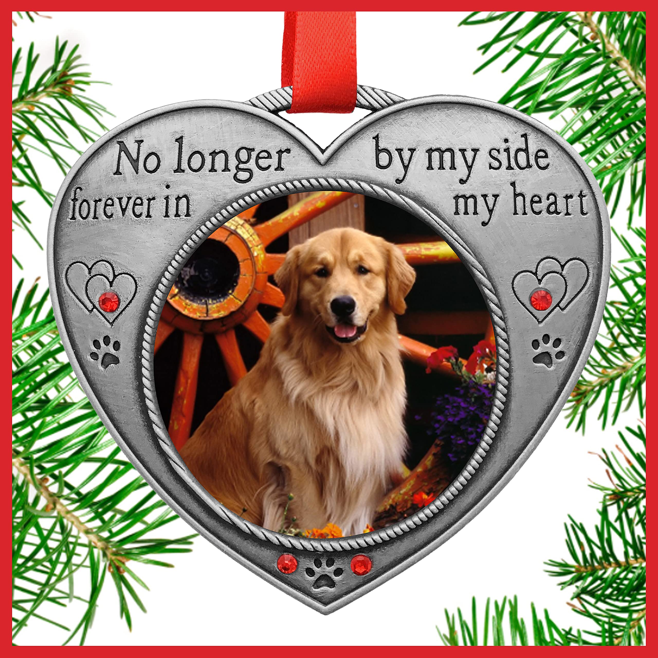 Pet Memorial Picture Christmas Ornament - No Longer By My Side - Heart Shaped Photo Frame Ornament - Loss Of A Pet - Pet Sympathy - 2 Pack - Gift/Storage Bags Included