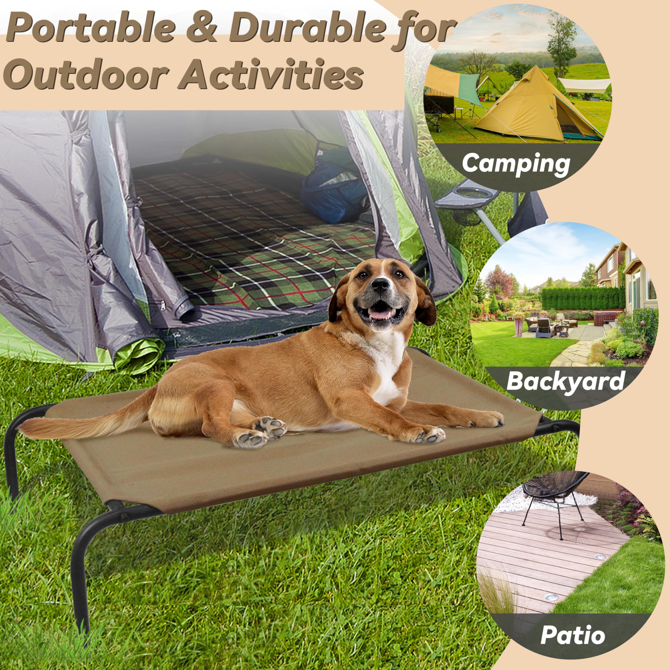 Phyex Heavy Duty Steel-Framed Portable Elevated Pet Bed, Elevated Cooling Pet Cot, 43.5' L X 25.5' W X 7.8' H(M, Brown)