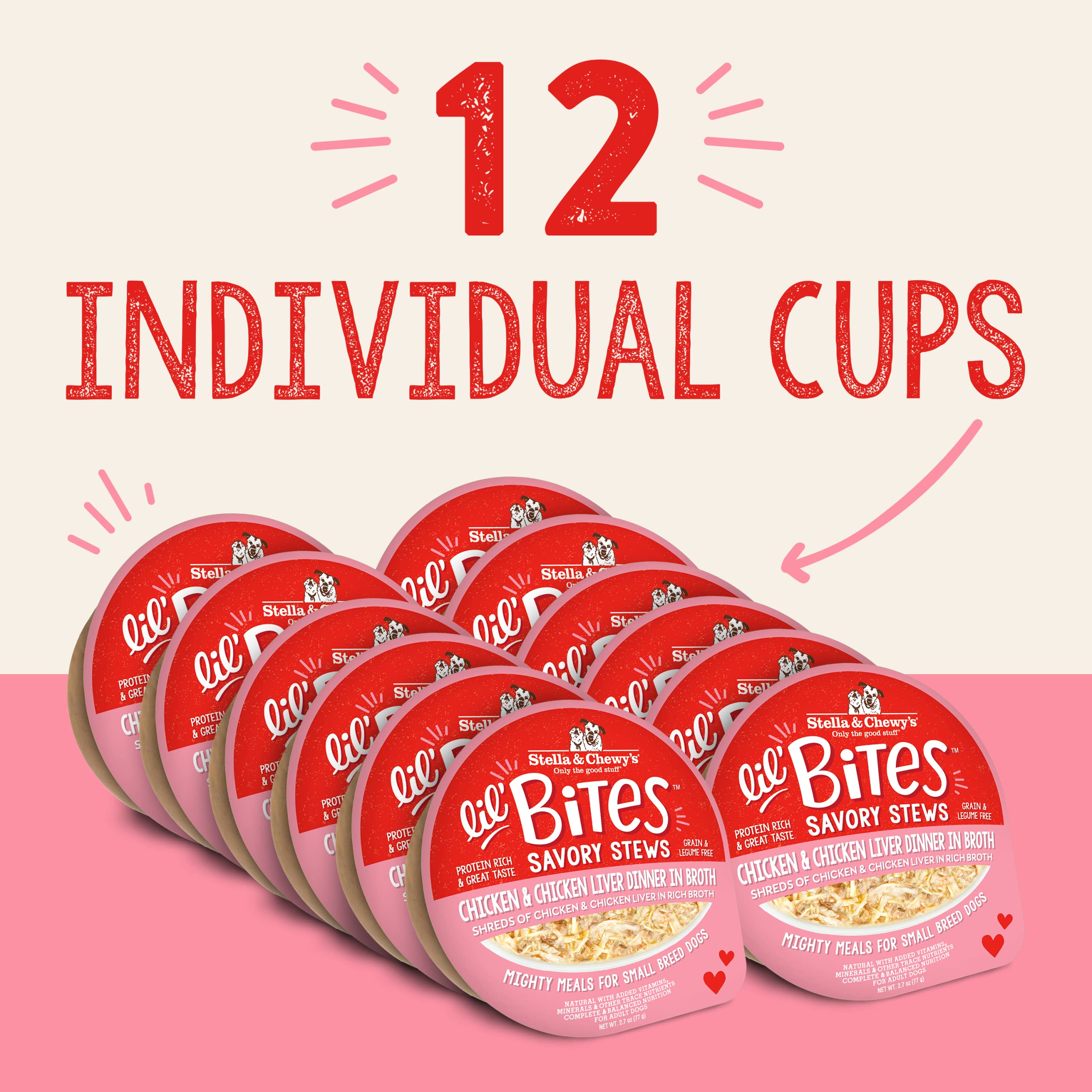 Stella & Chewys Lil Bites Savory Stews for Small Breeds Chicken & Chicken Liver Dinner in Broth, 2.7 oz. Cups (Pack of 12)