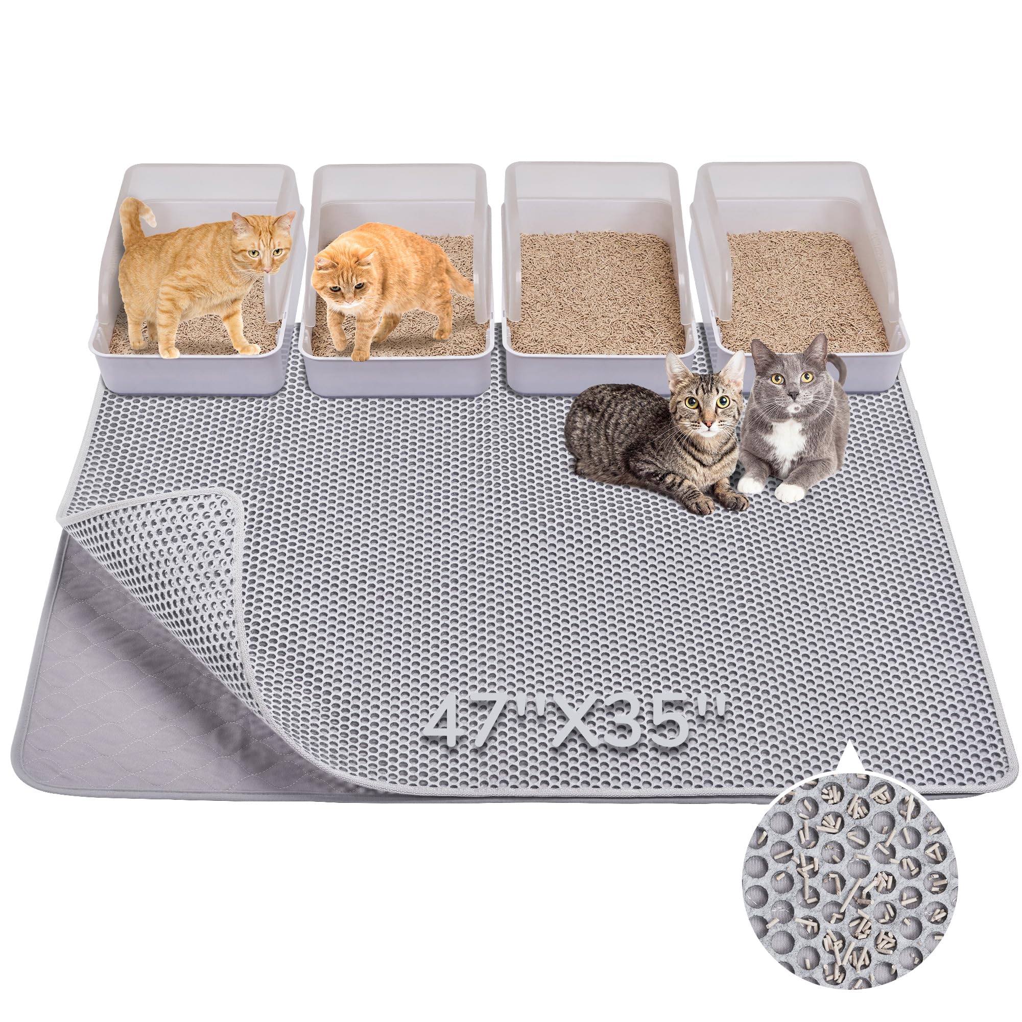 Burgeonnest Cat Litter Mat 47'' X 35'' Upgraded Felt & Fabric Material Cat Trapping Mat For Fewer Creases, Extra Large Hold 3-4 