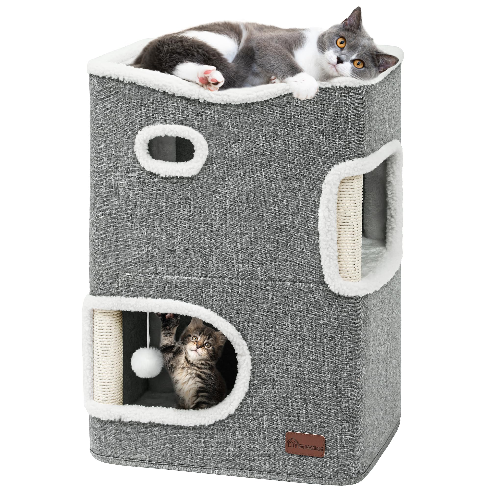 YIATHOME 2 Storey Cat House, Cat Beds for Indoor Cats, Small Cat Condo with Scratch Post and Hideaway Cave, Modern Cat Cube Play