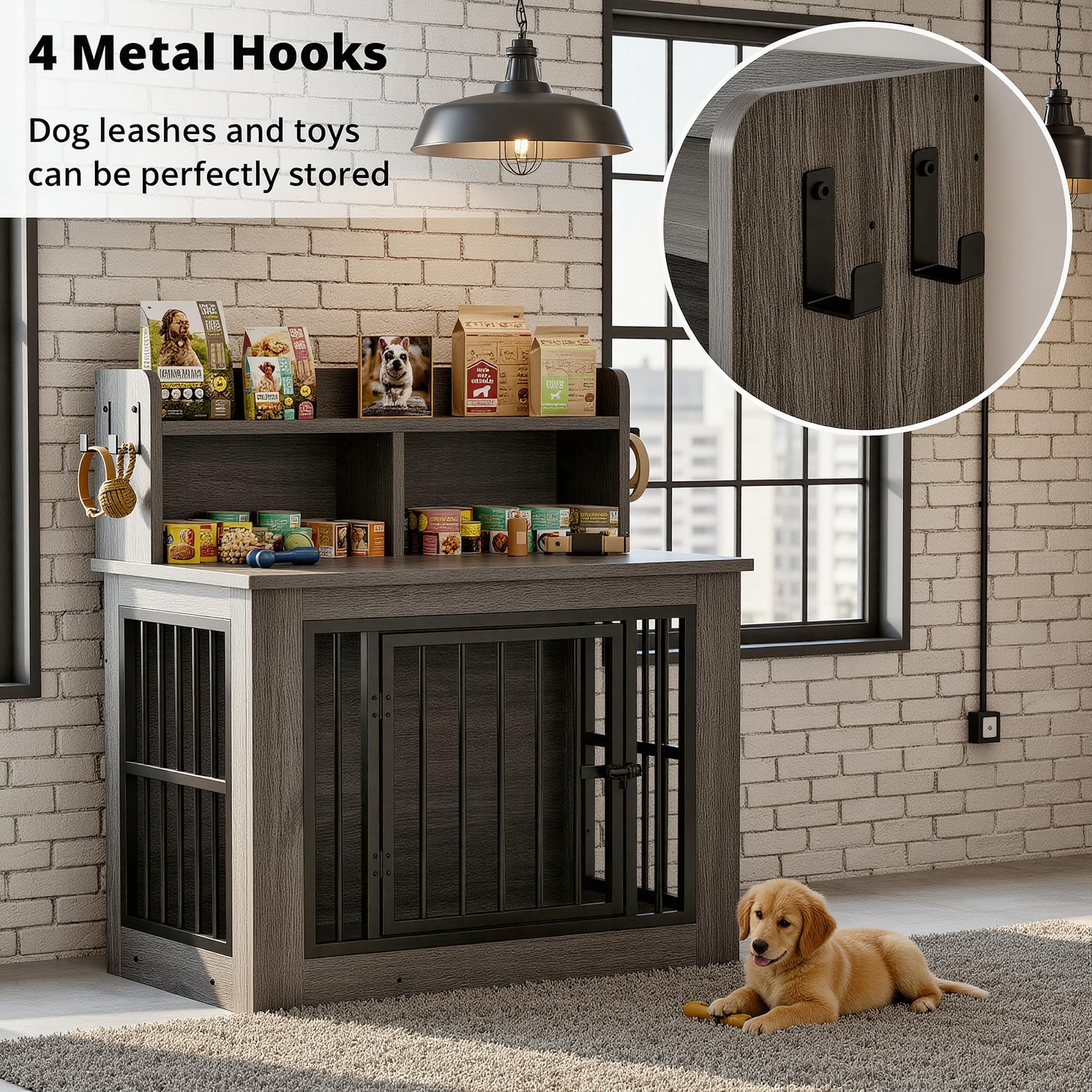 IRONCK Dog Crate Furniture, 33.4 inches Wooden Small Dog Crate with Storage and 4 Hooks, Heavy Duty Pet Crate for Small Dog, Dec