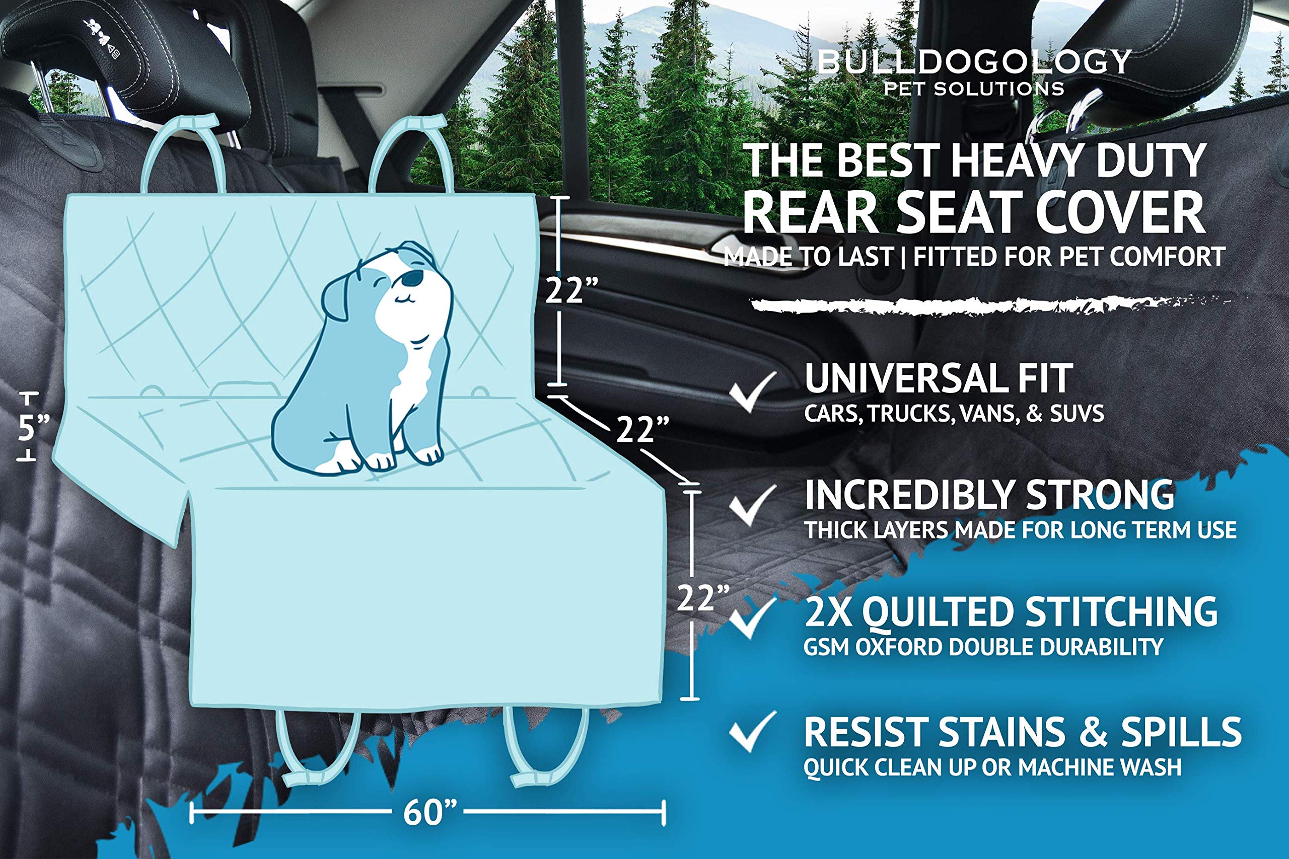 Bulldogology Dog Car Seat Cover Waterproof Heavy Duty Bench Dog Hammock Backseat Protector from Dog Hair, Muddy Paws, Scratches