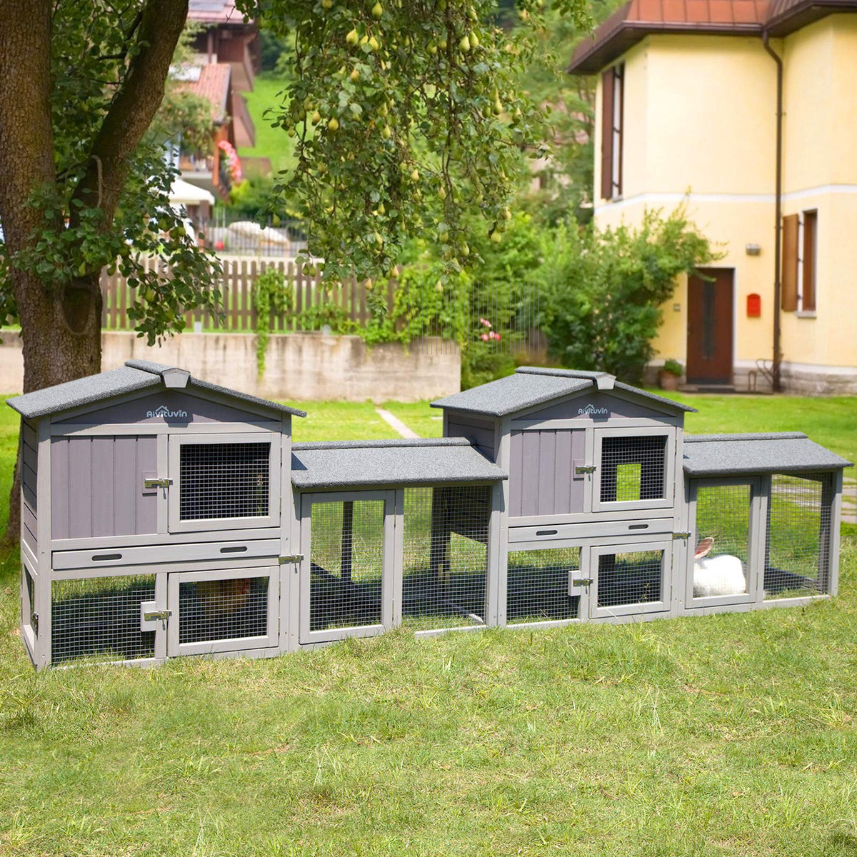 Aivituvin Rabbit Hutch Indoor Bunny Cage Outdoor House With Deeper Leakproof Plastic Tray (Grey02-Two Sets)