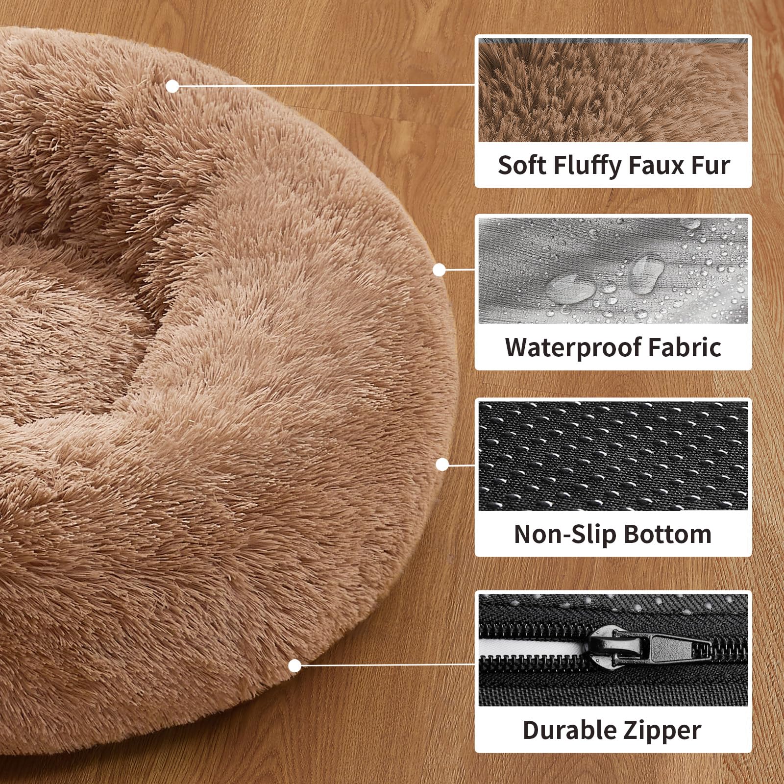 Ohgeni Calming Donut Cat Bed Pillow For Small Pets, Machine Washable Removable Cover, Comfort Plush Fluffy Faux Fur With Anti-Slip Bottom, Dogs-Friendly Round Cuddly Design, Ocher, 20 Inches