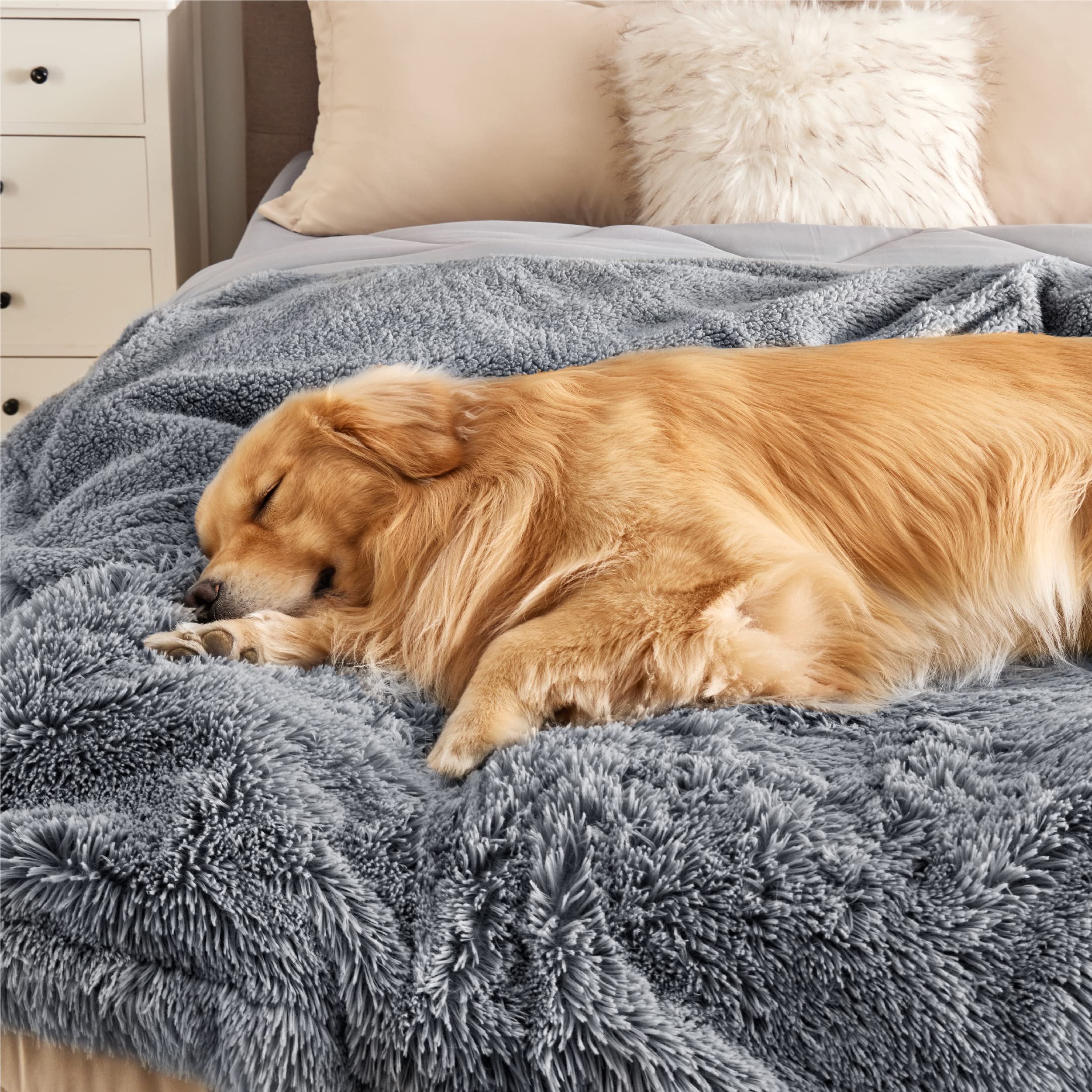 Bedsure Waterproof Dog Blankets For Large Dogs - Cat Blanket For Bed Couch Protector Washable Long Faux Fur, Calming Soft Revers