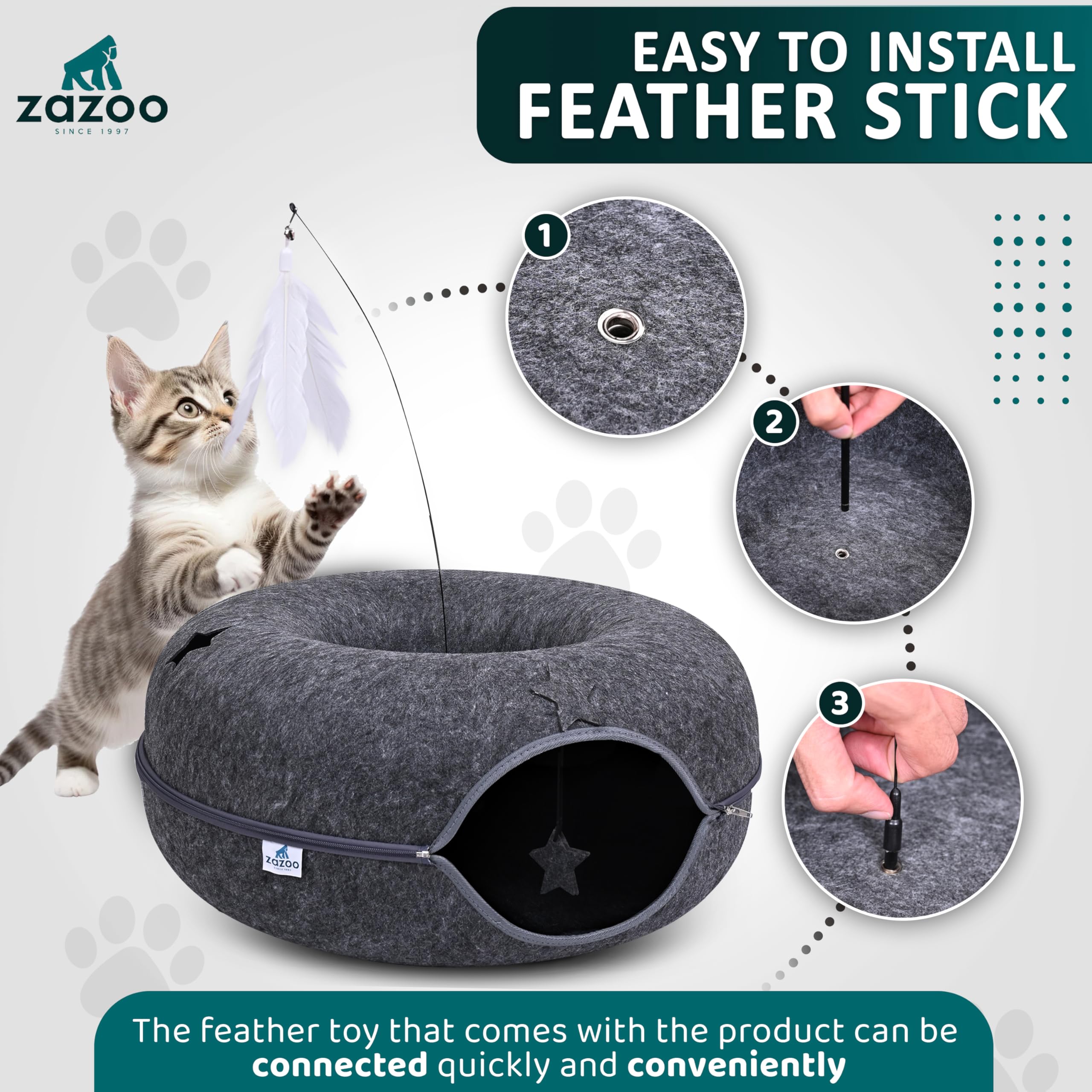 Zazoo Large Cat Tunnel For Indoor Cats - 2-In-1 Donut Cat Cave With Feather Toy & Peek Holes | Scratch-Resistant, Washable, Cozy