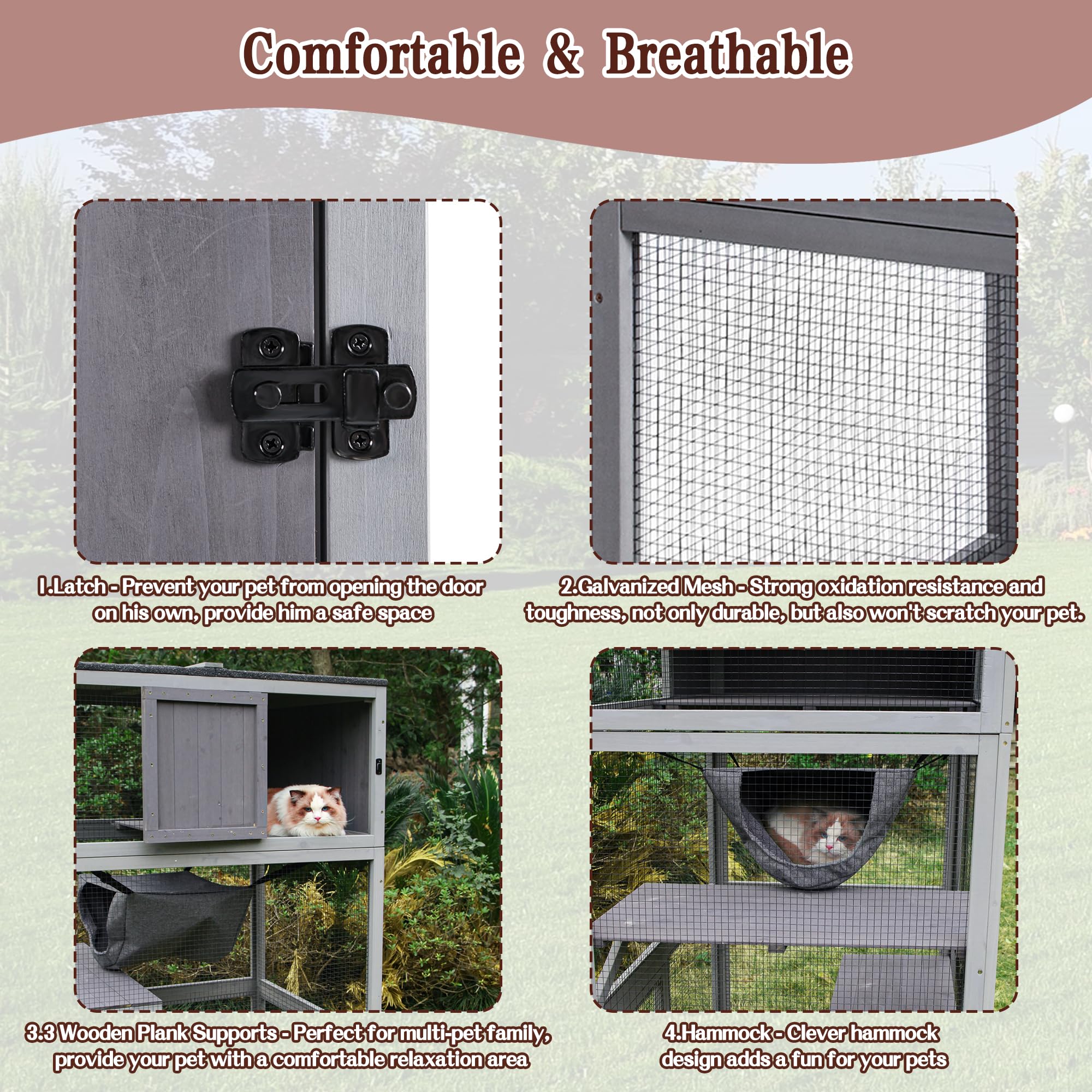 Wooden Cat House Outdoor Cat Enclosure With 3 Floors And Weatherproof Roof Indoor Large Cat Catio For Cats With Hammock & Resting Box