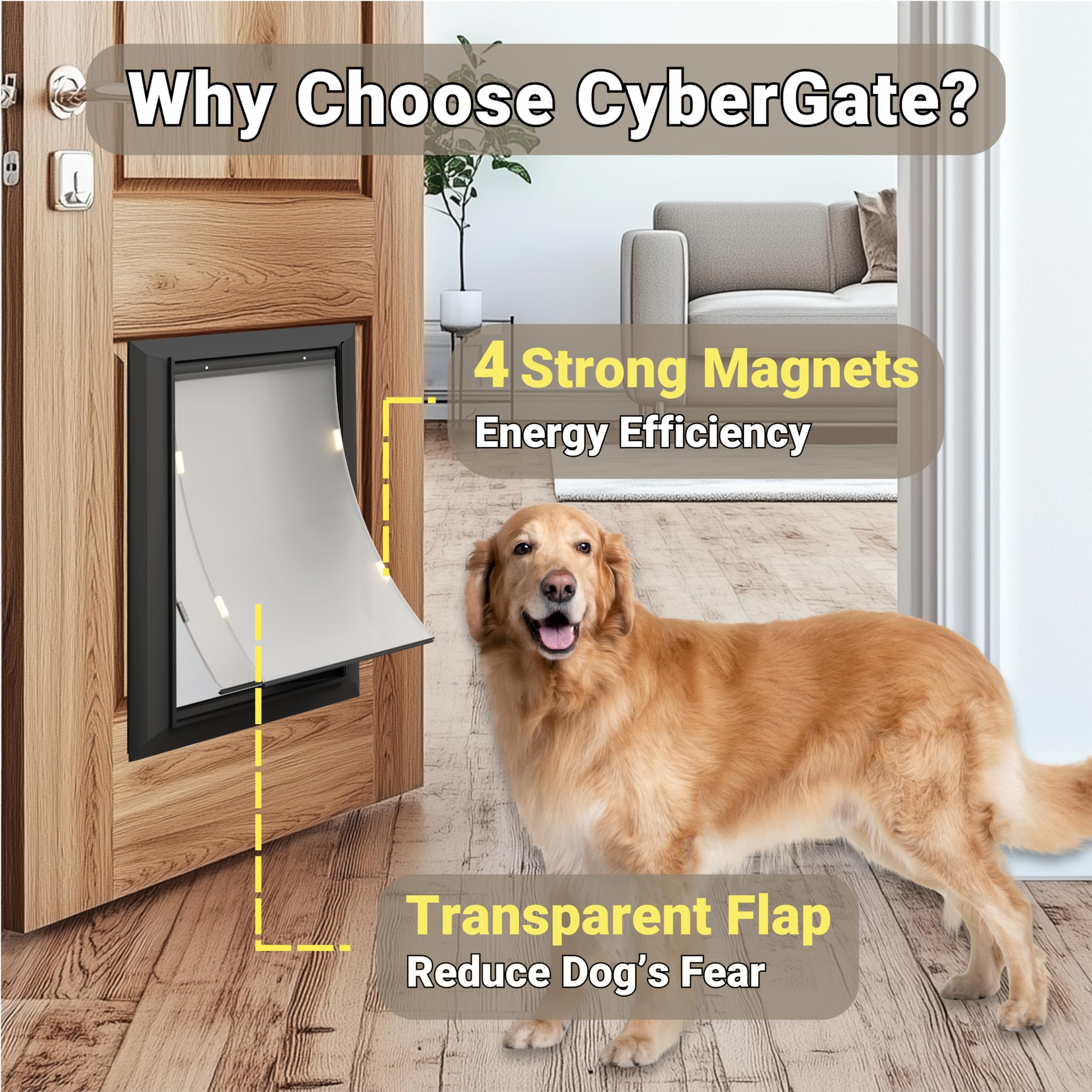 Aluminum Large Dog Door For Exterior Doors, Lockable Panel Included, Cutout Size 12.2'W X 18'H, Heavy Duty Magnetic Double Fla