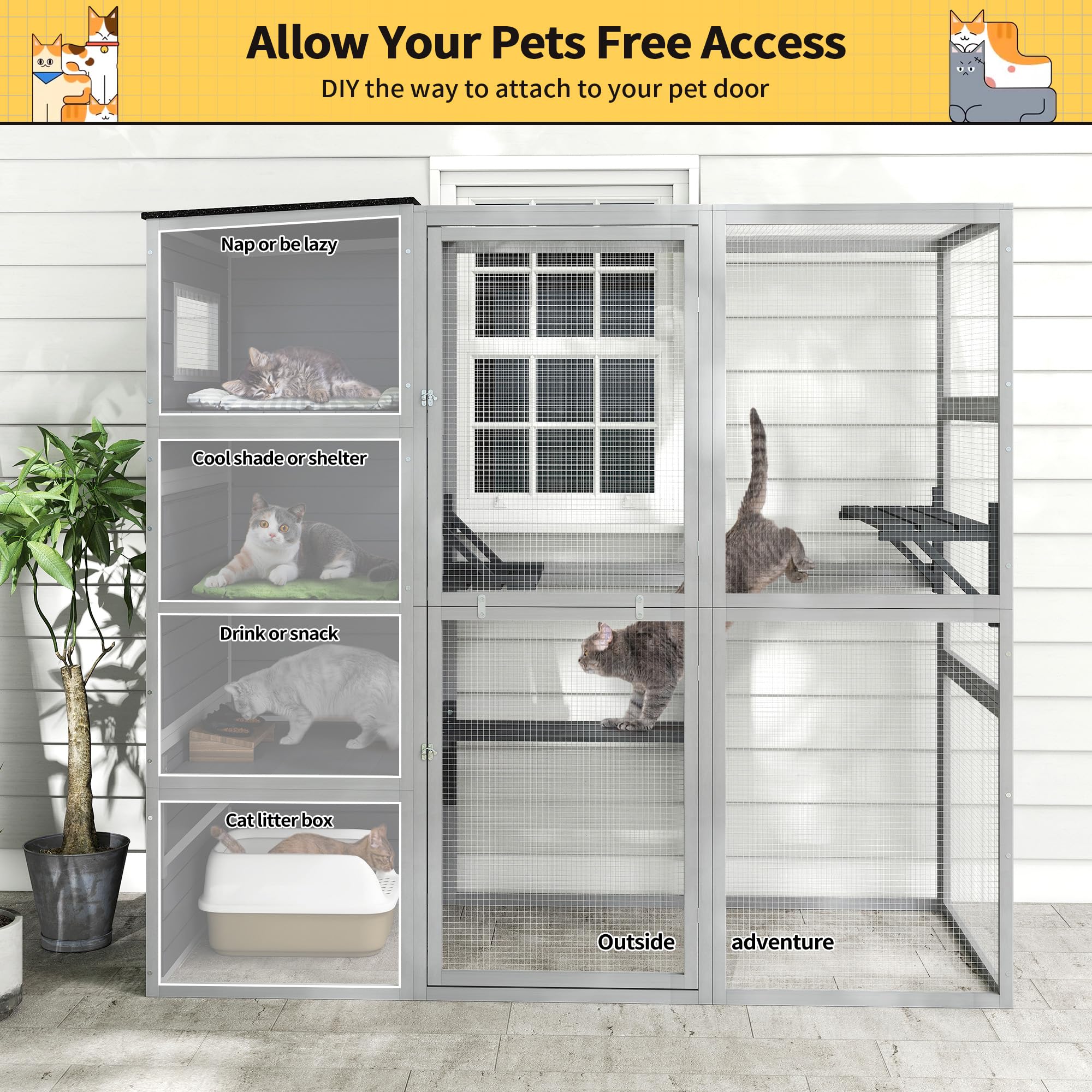 Outdoor Enclosure, 4-Tier Large Cat Catio With Weatherproof Roof, 2 Resting Rooms, 2 Platforms, Walk In Cat Cage Cat House, Wood