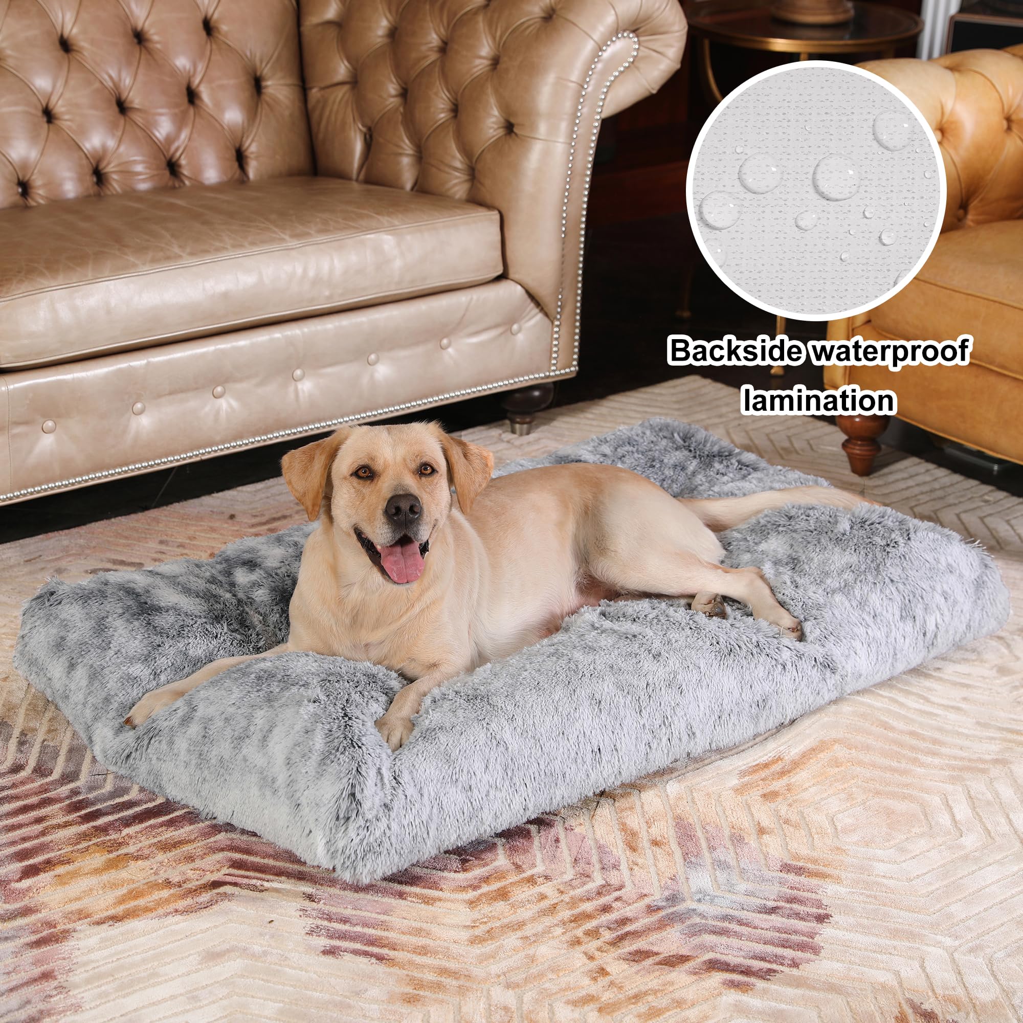 Bedfolks Waterproof Crate Bed, Plush Dog Kennel Pad With Removable Washable Cover, Faux Fur, Fluffy, 41''X27'', Dark Grey