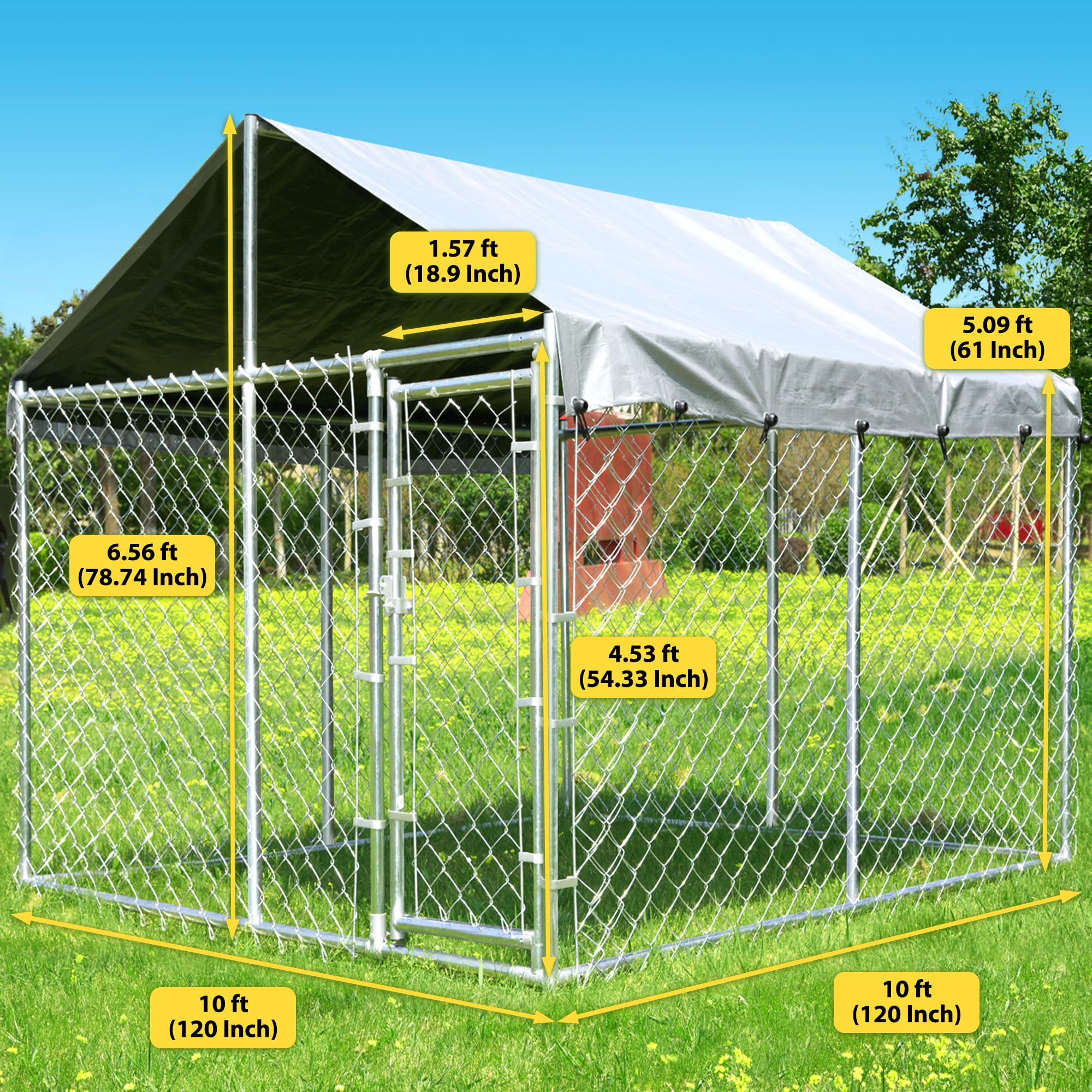 10'X10'X6.56' Large Outdoor Dog Kennel With Roof, Heavy Duty Outside Dog Run Enclosure Dog Pen House Pet Playpen With Galvanized