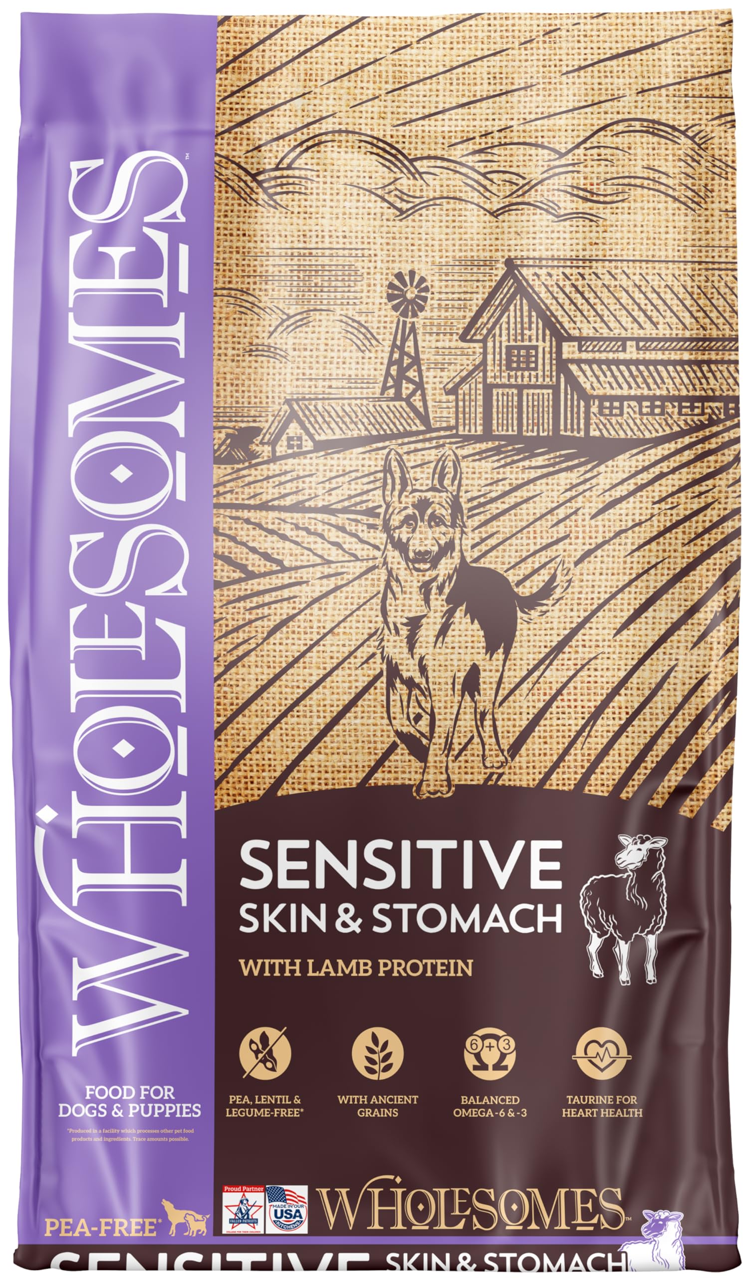 Wholesomes Sensitive Skin & Stomach Dry Dog Food, Lamb Protein & Rice Recipe, Highly Digestible Ancient Grains, 30 lb Bag