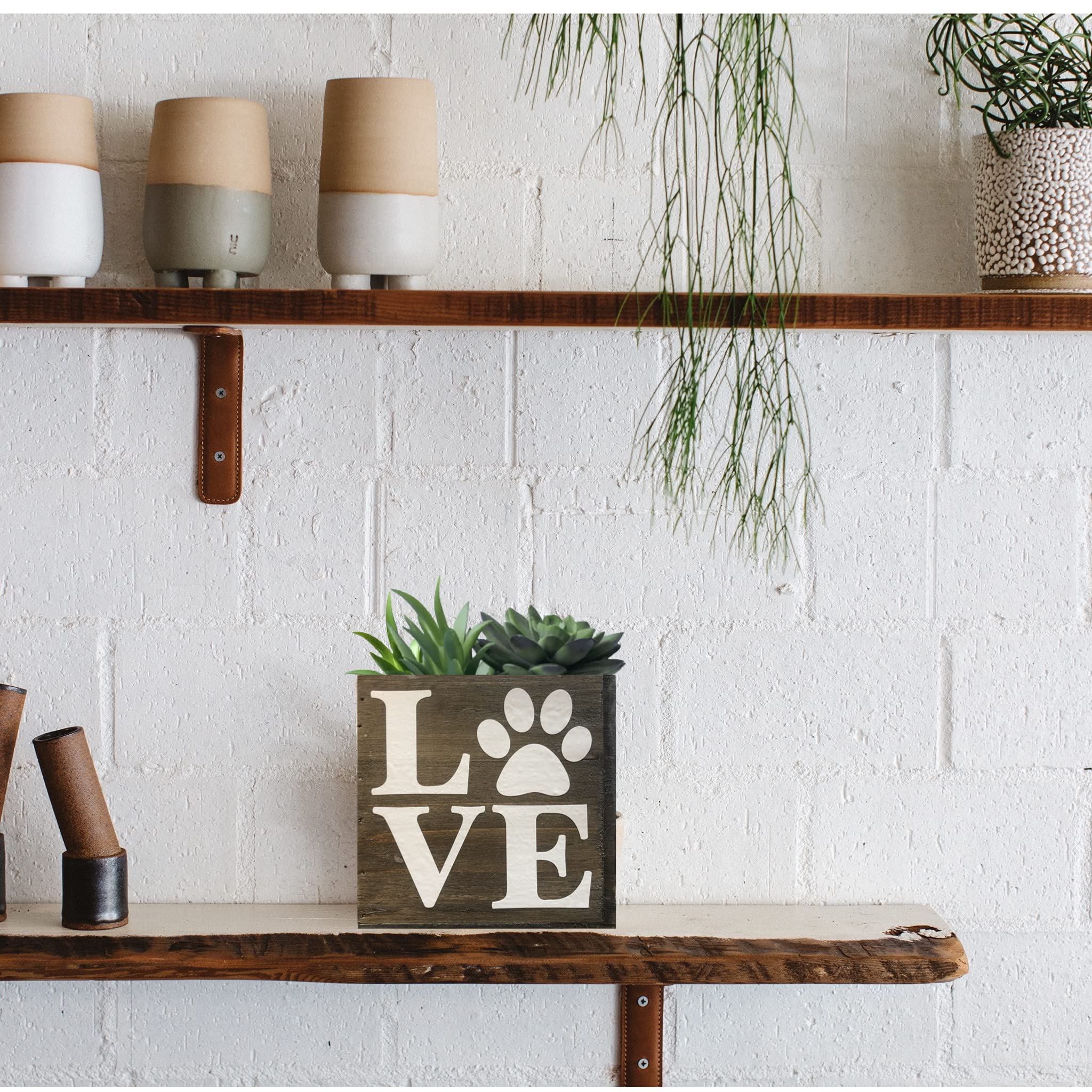 Paw Love Succulent Planter, Cute Gift For Cat And Dog Lovers, Veterinarian, Decorative Bin (4 Square Inches, Natural Brown Wood)