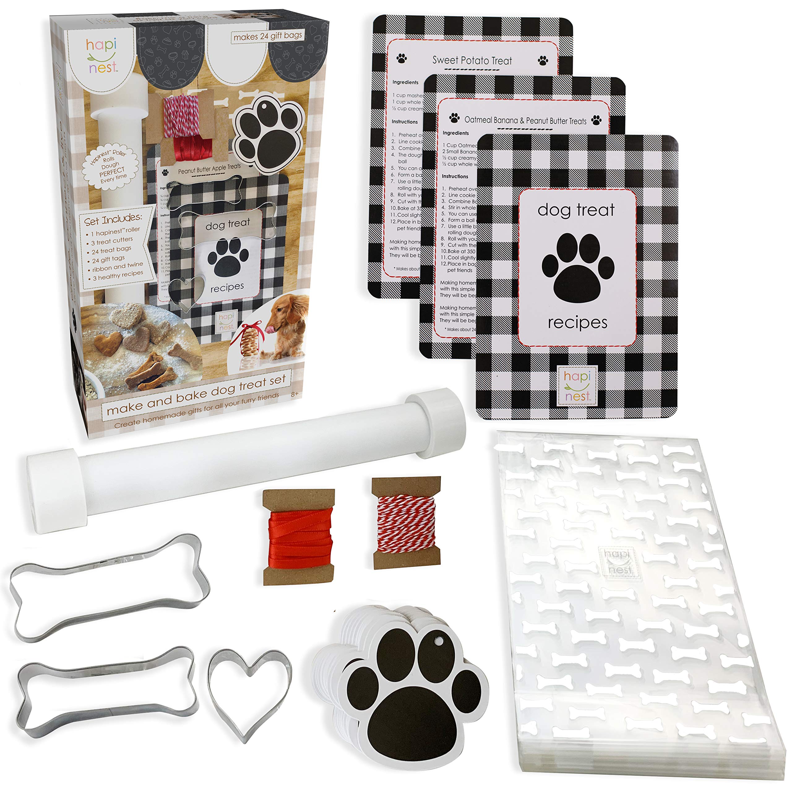 Hapinest Make Your Own Homemade Dog Treats Kit, Dog Treat Maker, Dog Cookie Cutters, 24 Gift Bags & Tags, Dog Biscuit Roller & 3