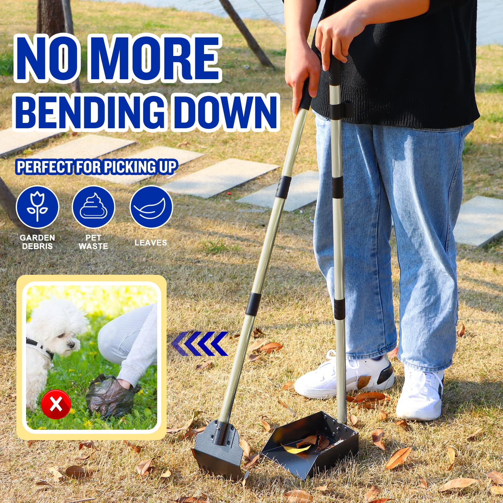 Dog Pooper Scooper,Tray And Spade Set Poop Scooper For Dogs, Adjustable Long Handle Metal Pooper Scooper With Bin For Pet Waste Removal, No Bending Clean Up For Medium And Large Dogs