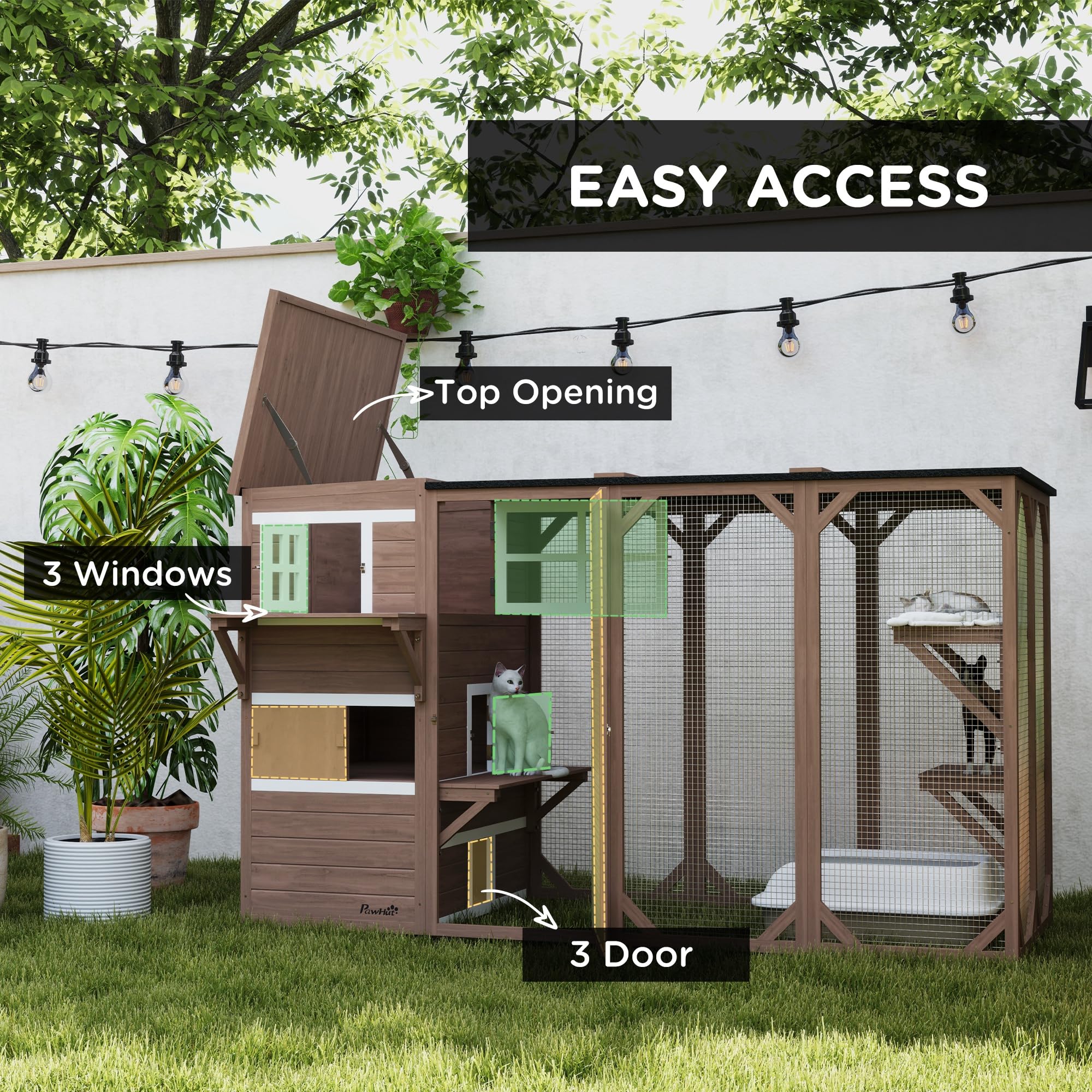 PawHut Catio Outdoor Cat Enclosure, Large Wood Kitten Cat House Enclosure with 3-Level Design, Weatherproof Roof, Big Hiding Are
