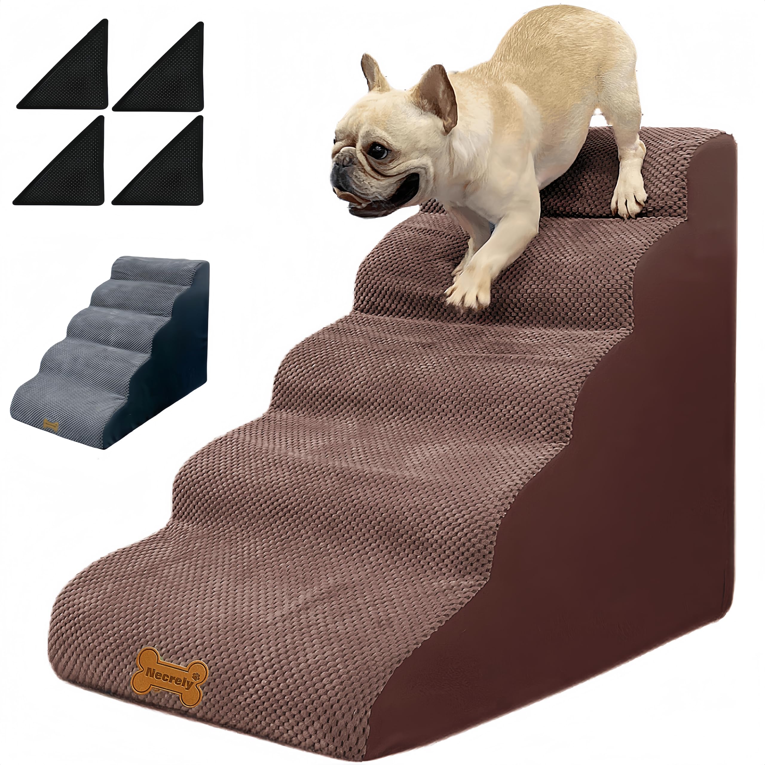 Dog Stairs & Pet Ramp For Small/Large Dogs To High Beds/Couches - 5 Steps 24-Inch Height For 18-30 Inch Furniture, 2 Washable Co