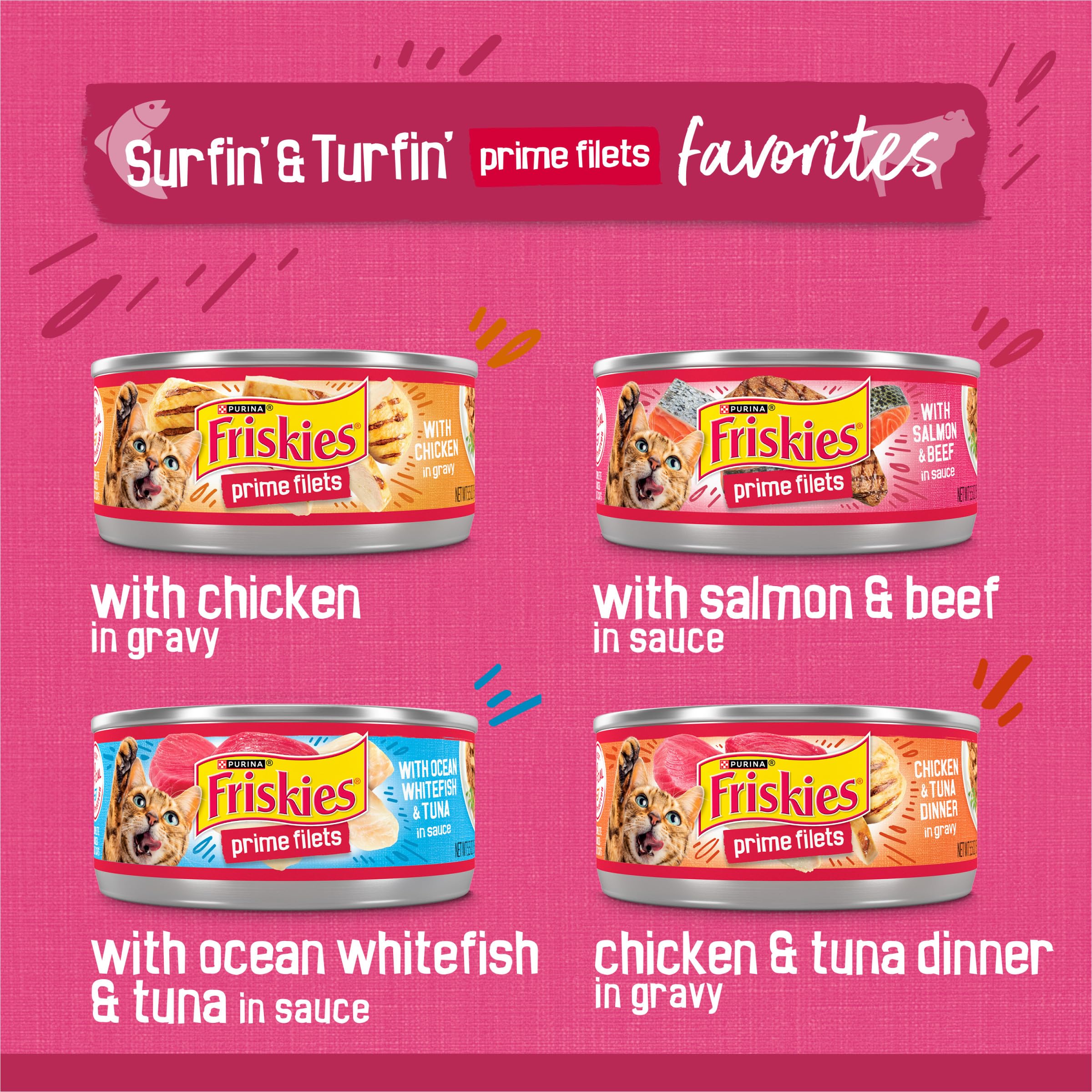 Purina Friskies Gravy Wet Cat Food Variety Pack, Surfin and Turfin Prime Filets Favorites - 48 ct. Can