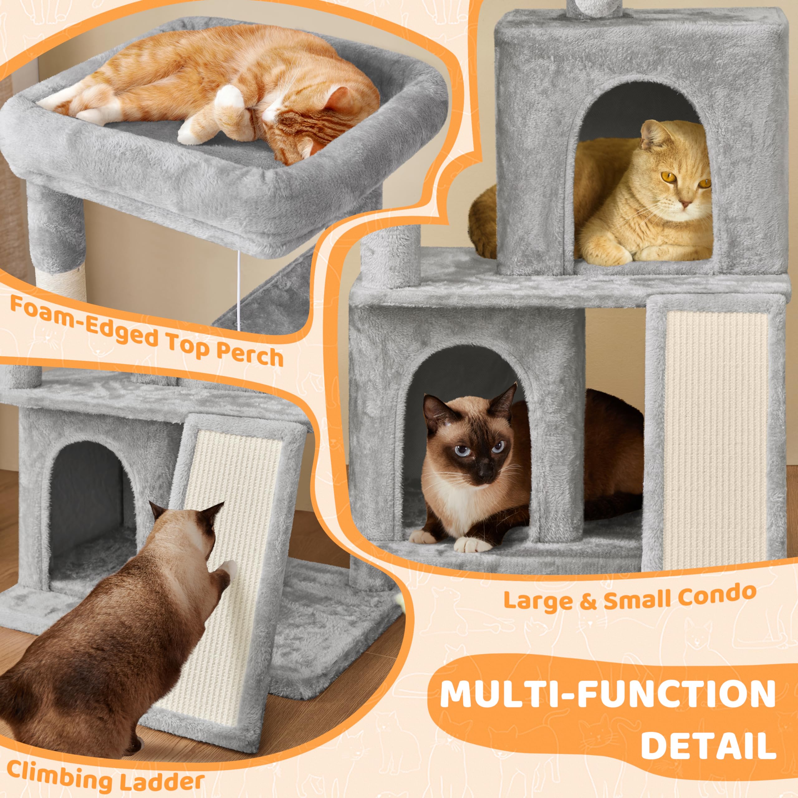Yaheetech 42in Cat Tree Tower with Scratching Posts, Plush Condo & Ramp, Light Gray, Engineered Wood, Model YT-00133299-42